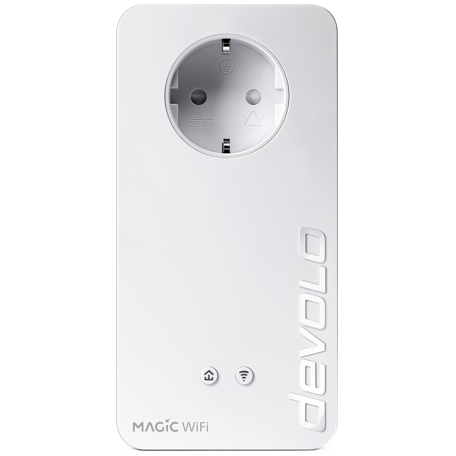 Een witte Devolo Magic WiFi adapter met stopcontact en indicatoren.