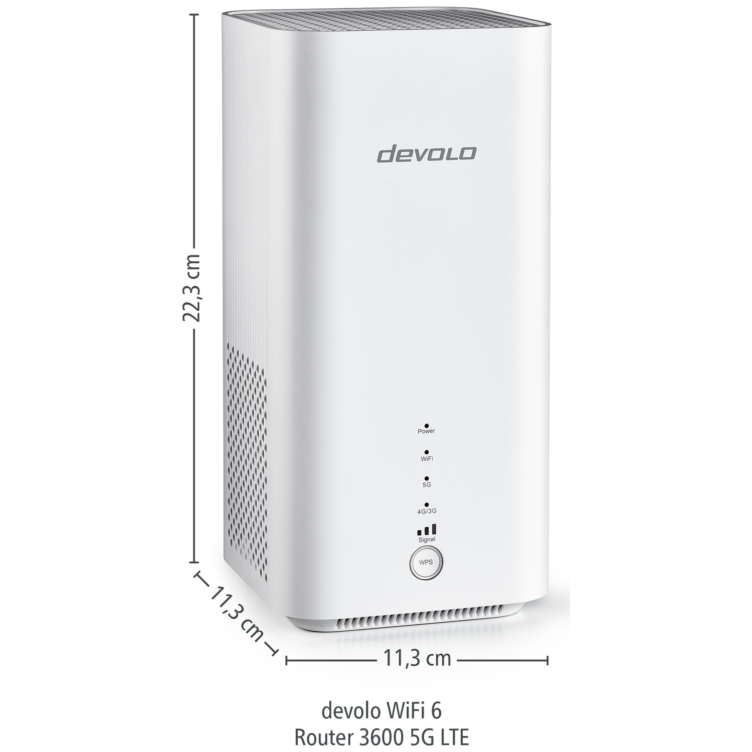 Een witte Devolo WiFi 6 Router 3600 5G LTE, afmetingen 22,3x11,3x11,3 cm.