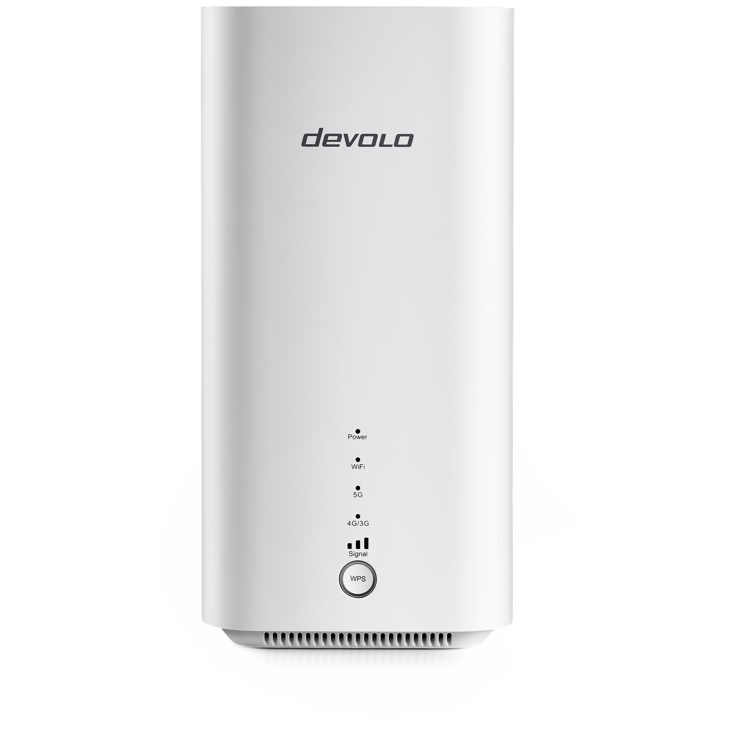 Een witte Devolo 5G router met Power, WiFi, 5G, 4G/3G en Signaal LED's.