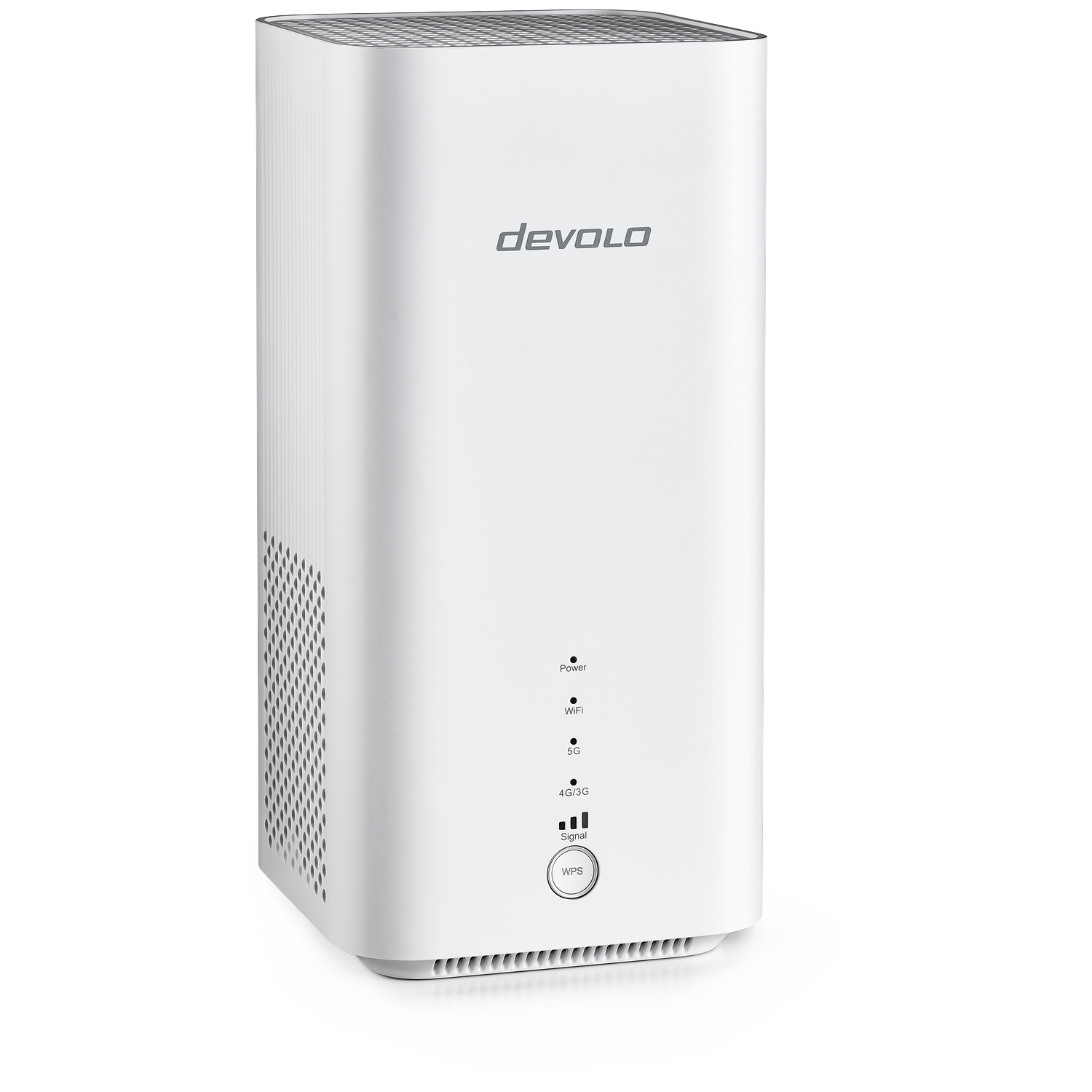 Een wit Devolo-apparaat met indicatielampjes voor stroom, wifi, 5G en signaal.