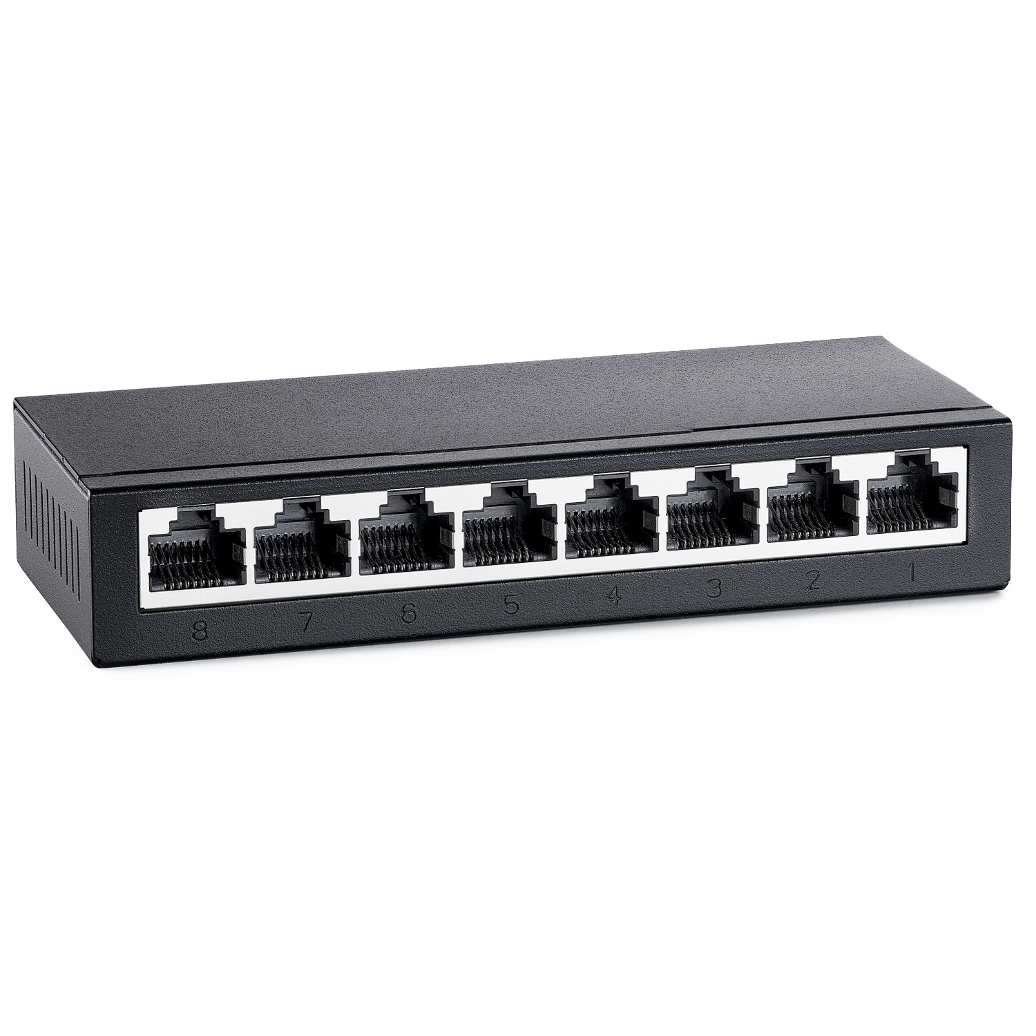 A black 8-port network switch with numbered ports.