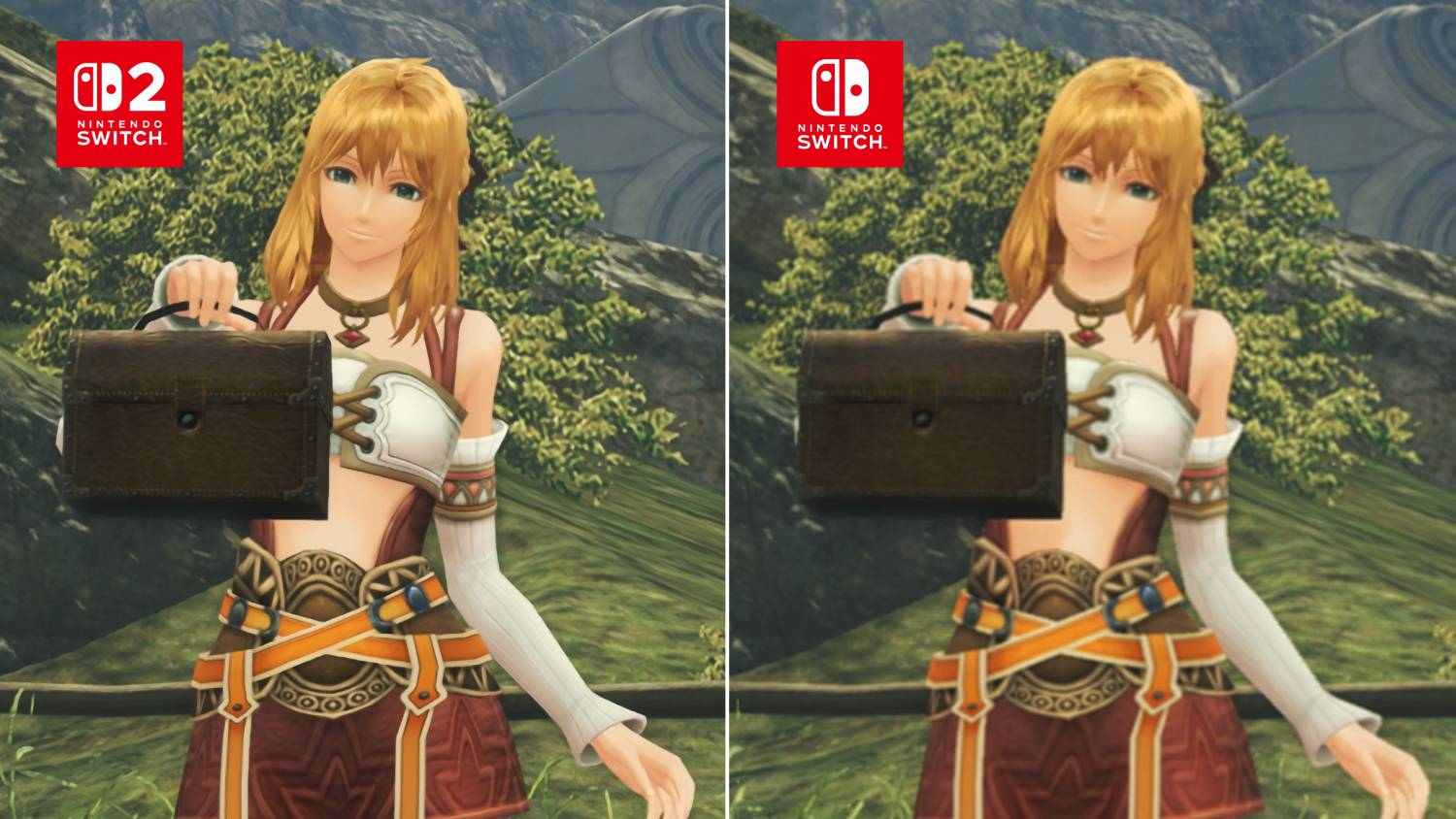 Chica de anime con cabello rubio sostiene un cofre marrón ante un paisaje montañoso.