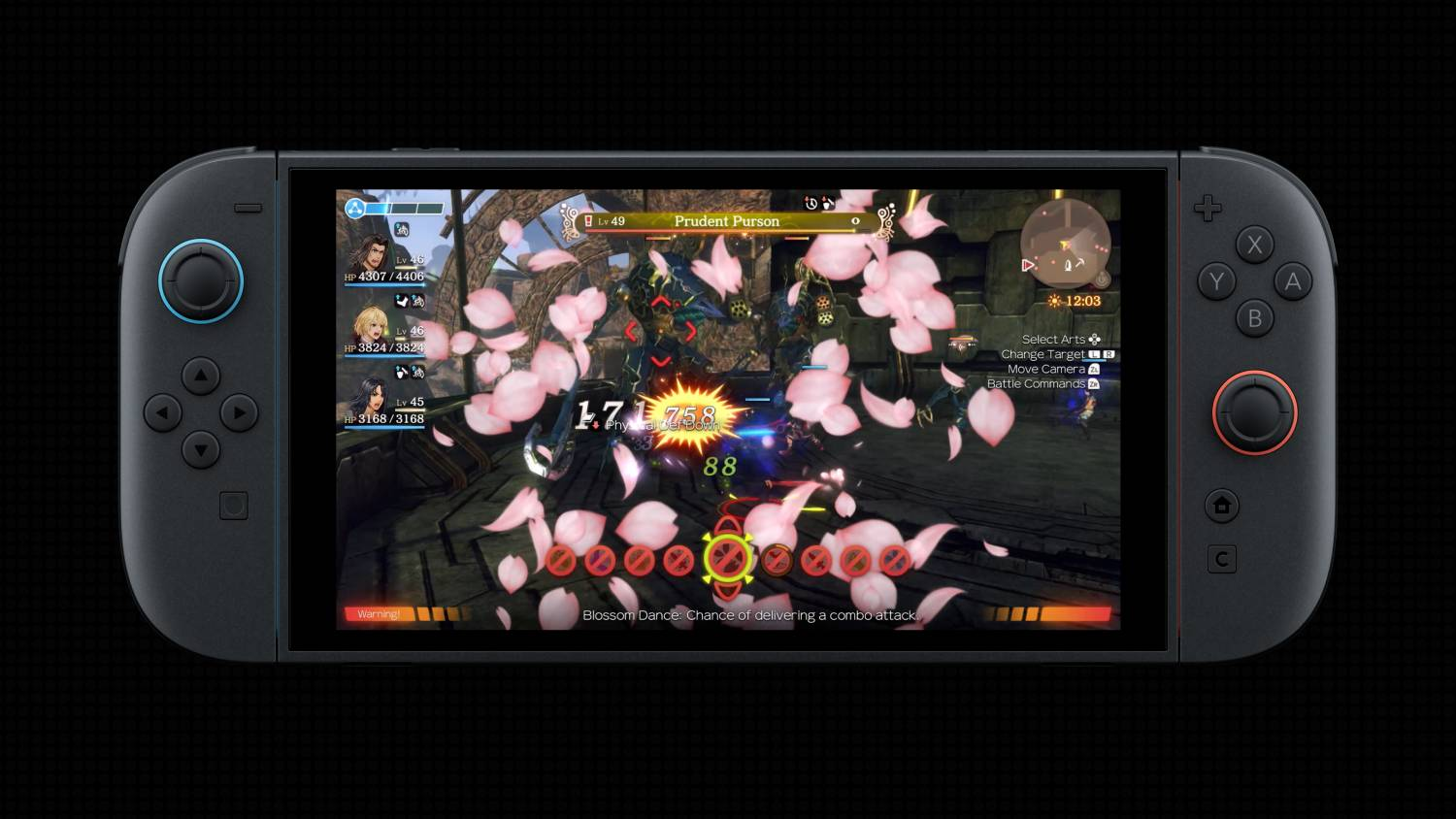 Un dispositivo similar a Nintendo Switch muestra un juego de combate con pétalos rosas.