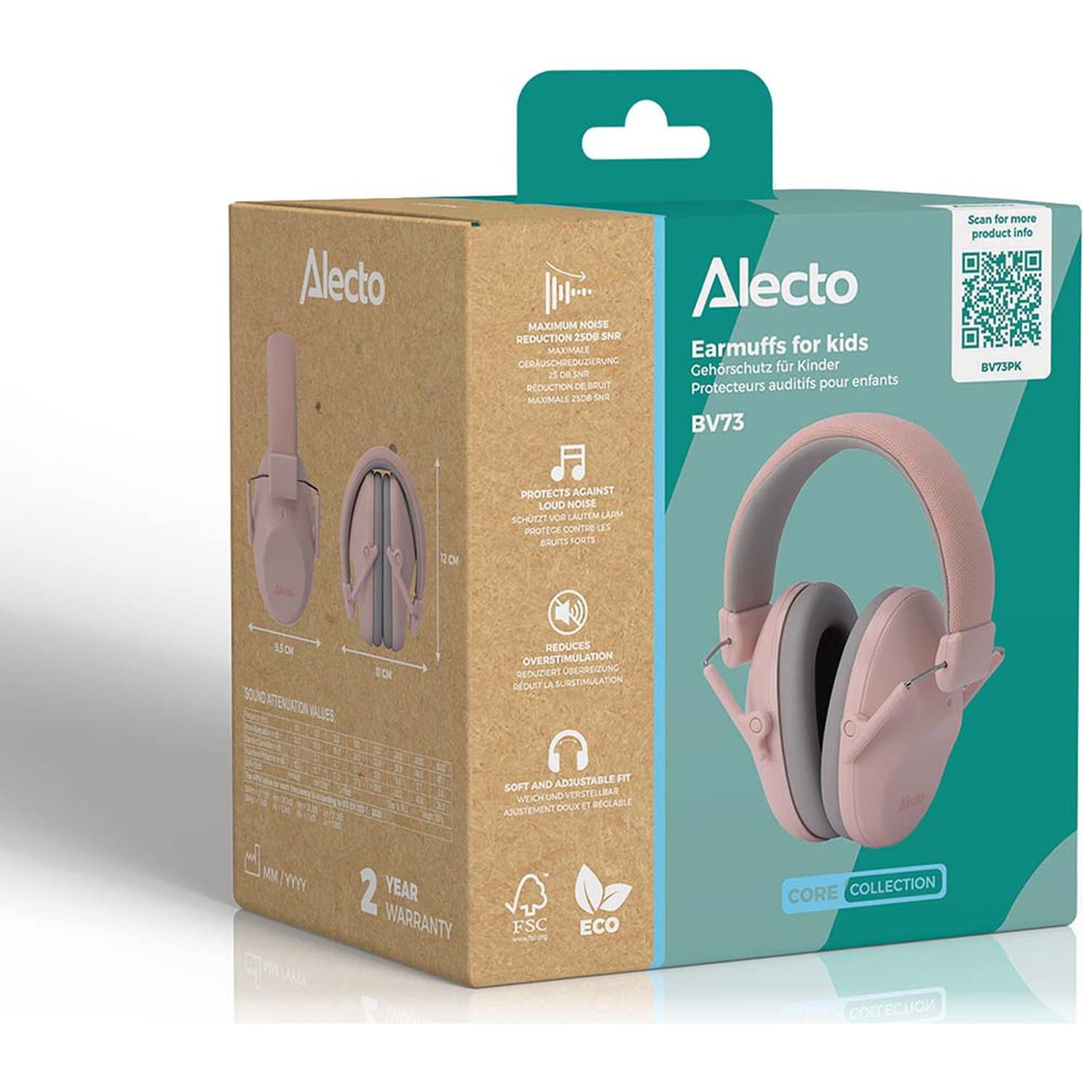 Casque anti-bruit rose Alecto pour enfants sur une boîte d'informations produit.