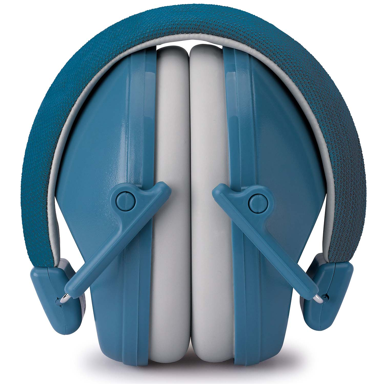 Casque anti-bruit bleu et blanc avec bandeau rembourré, plié.