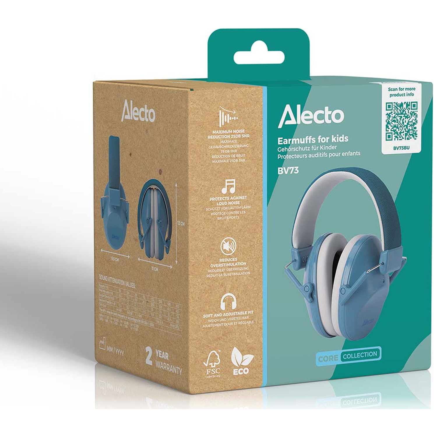 Emballage de cache-oreilles Alecto pour enfants avec oreillettes bleues et infos produit.