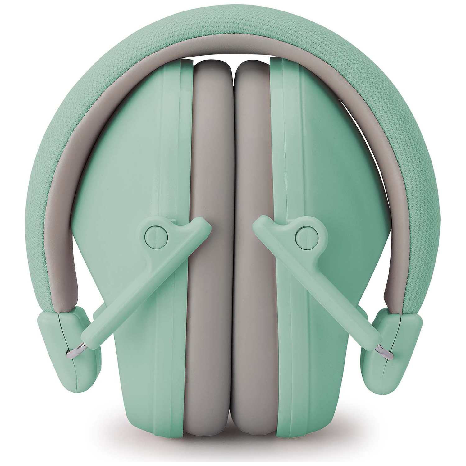 Casque plié vert menthe et gris avec serre-tête rembourré sur fond blanc.