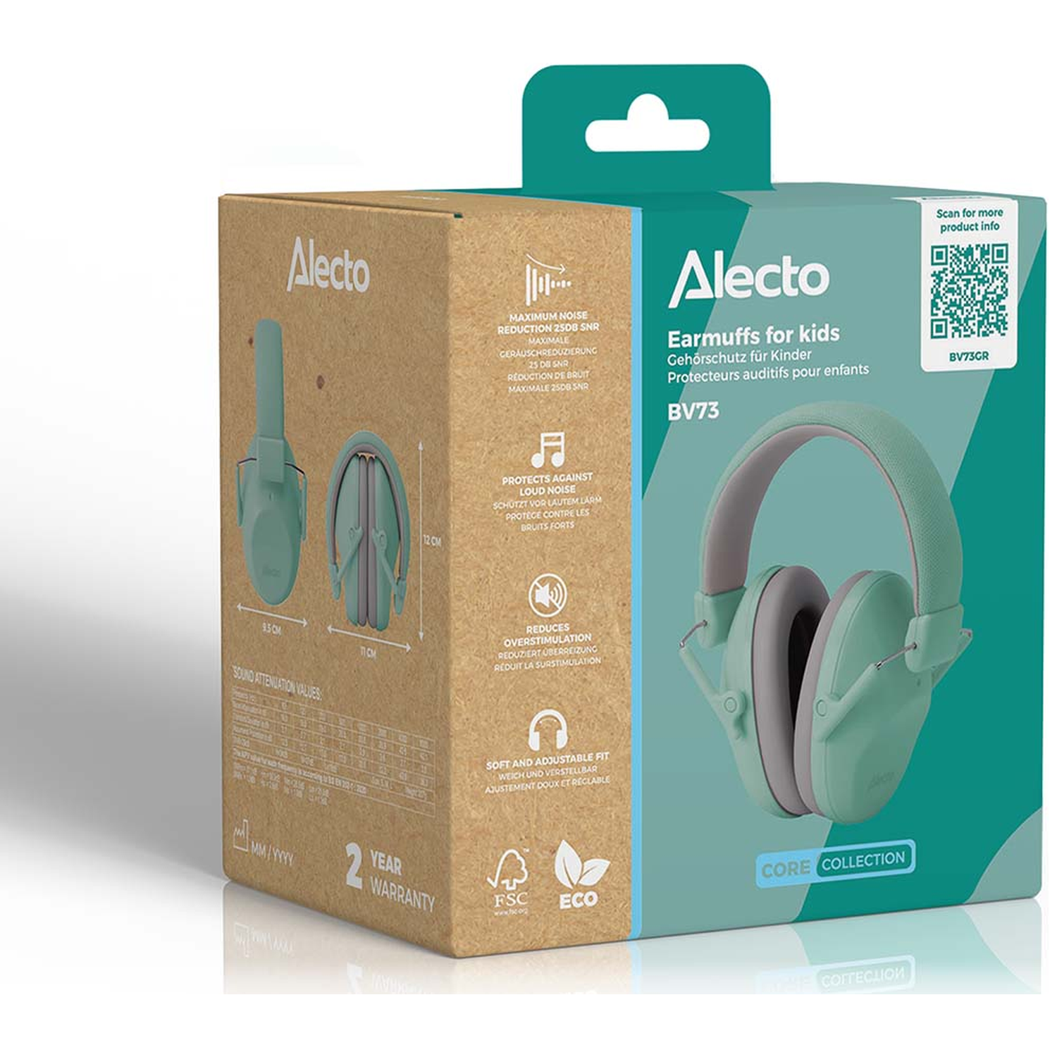 Casque anti-bruit Alecto pour enfants vert menthe, sur emballage produit avec infos.