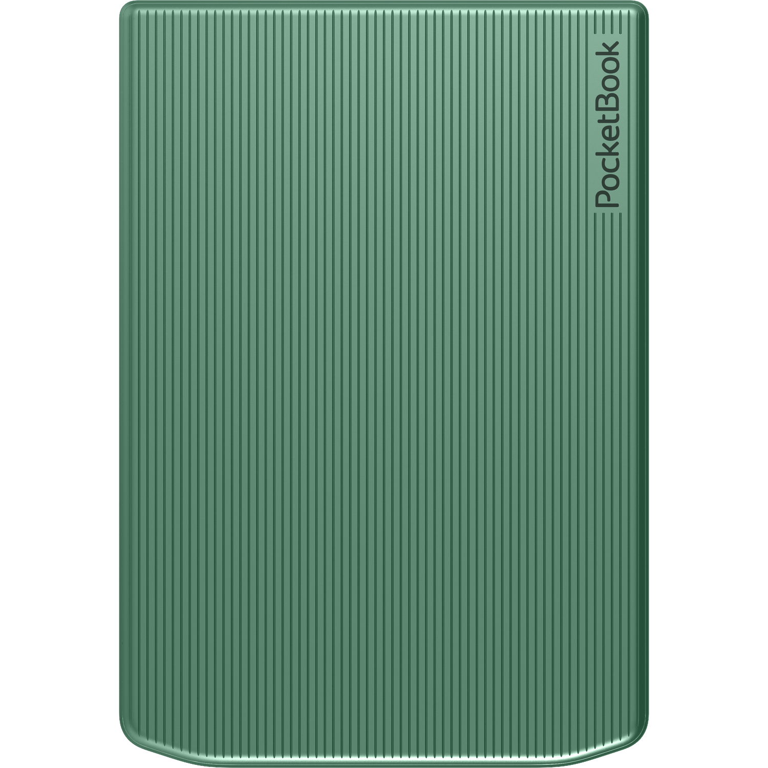 Green e-reader with vertical ridges and the PocketBook logo.