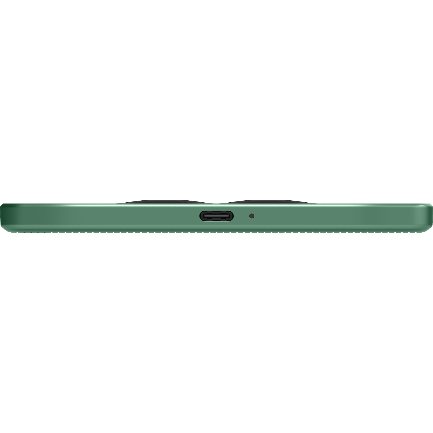 Green smartphone with USB-C port, viewed from the side.