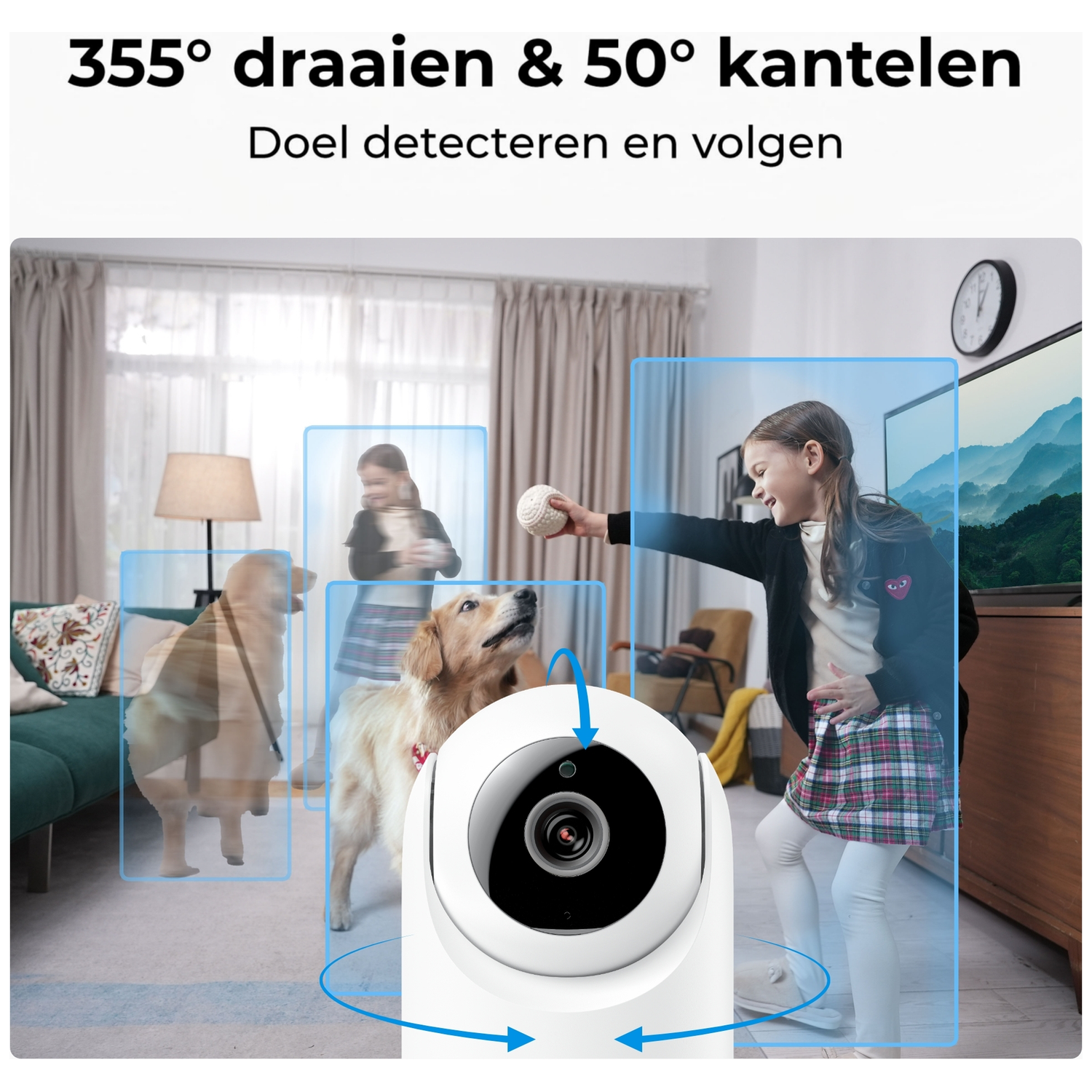 Een beveiligingscamera legt een meisje vast dat een bal gooit en twee honden.