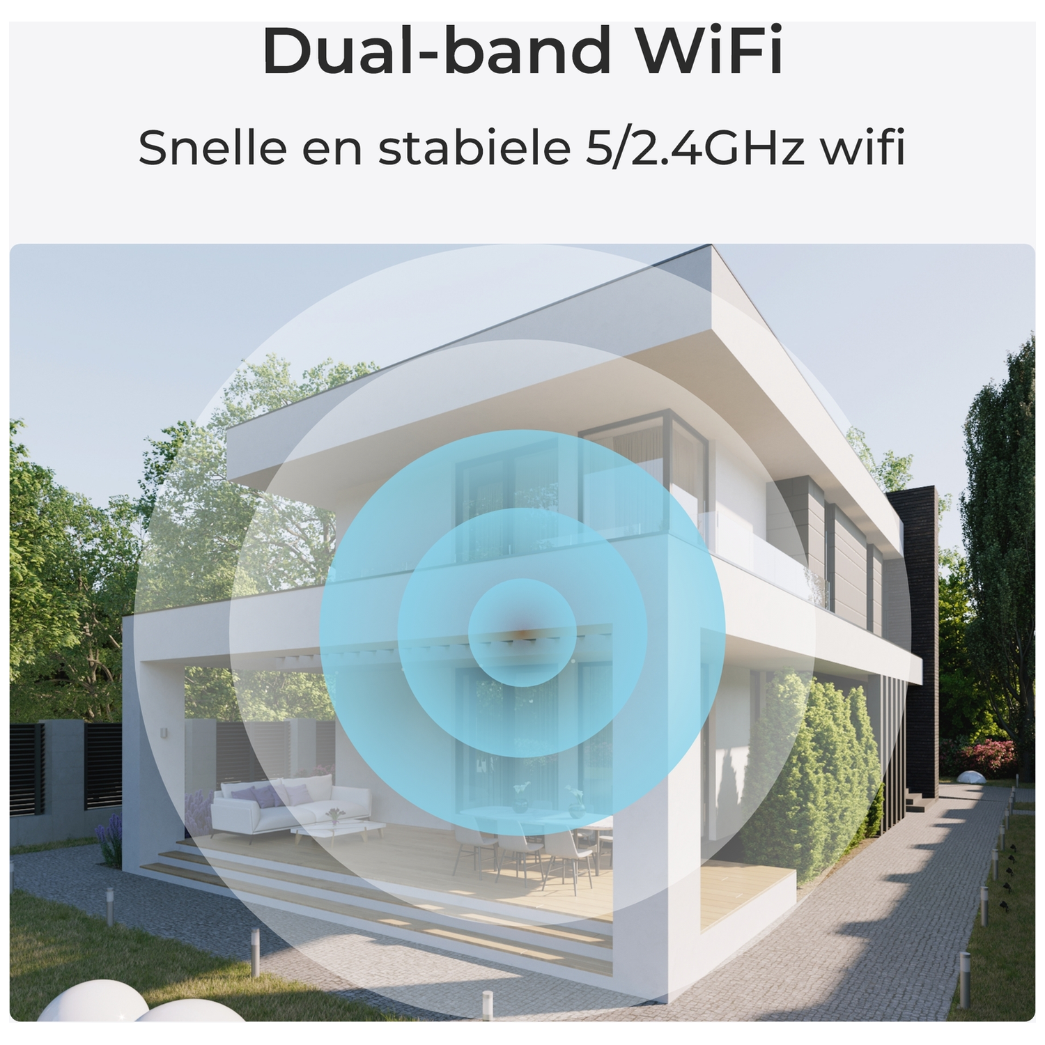 Modern huis met Wi-Fi signaal overlay. Buiten zitgedeelte en tuin zichtbaar.