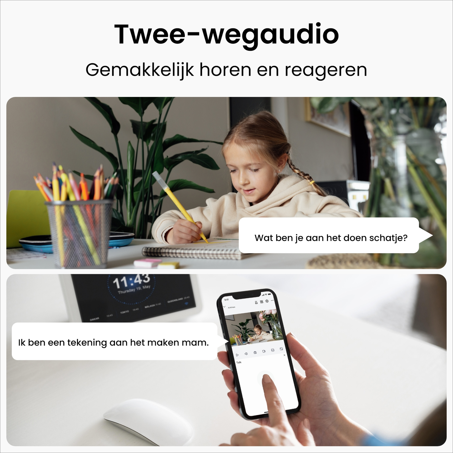 Meisje tekent, telefoon toont live video. Twee-weg audio concept.