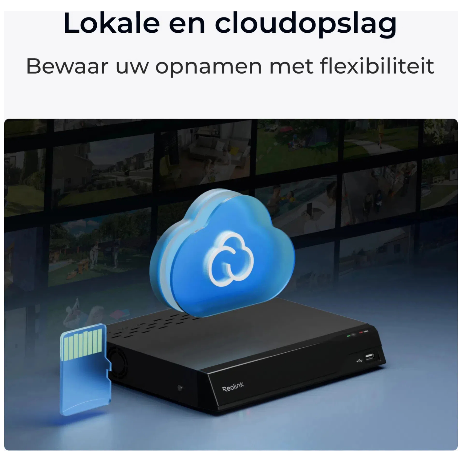 Een zwarte opnameapparaat met SD-kaart en wolk-icoon.