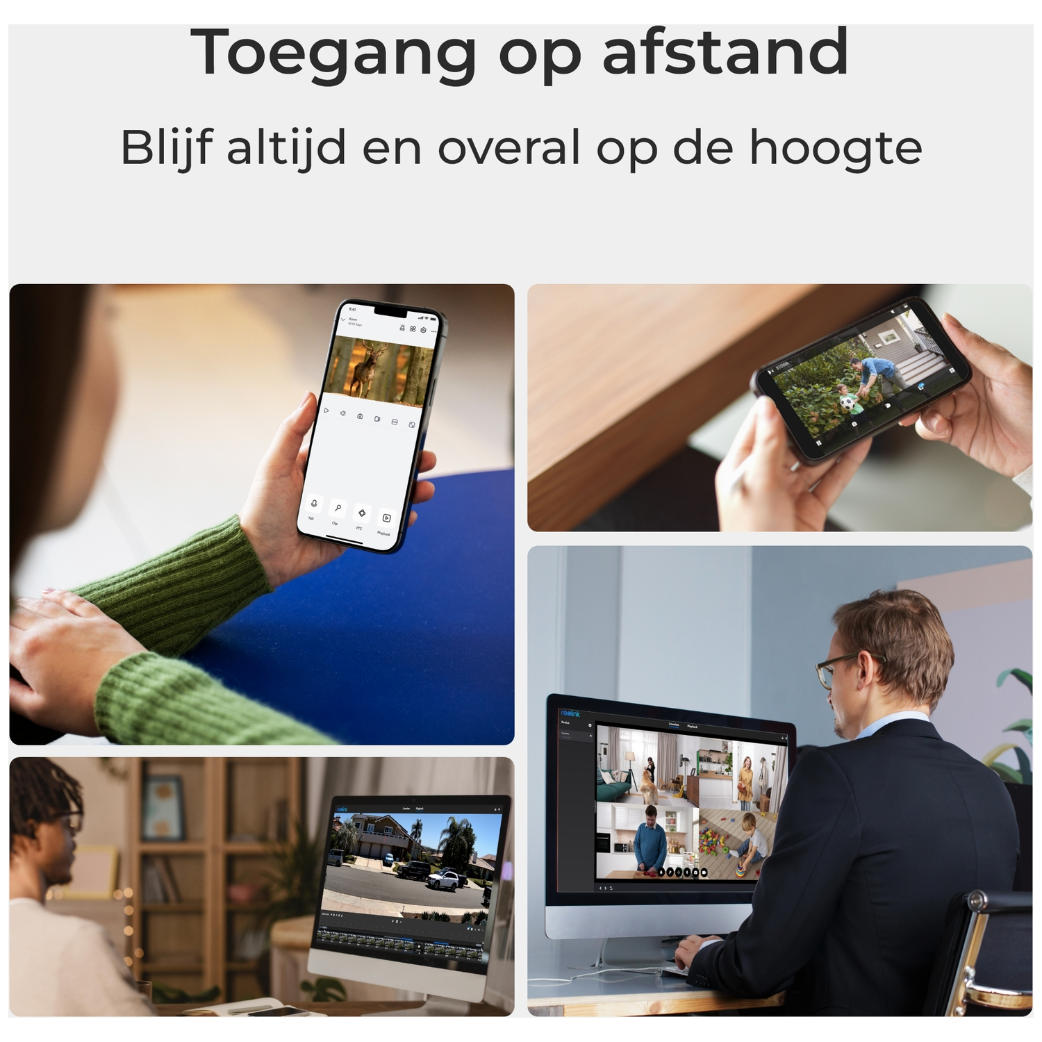 Vier bewakingsbeelden op een smartphone en computermonitor.