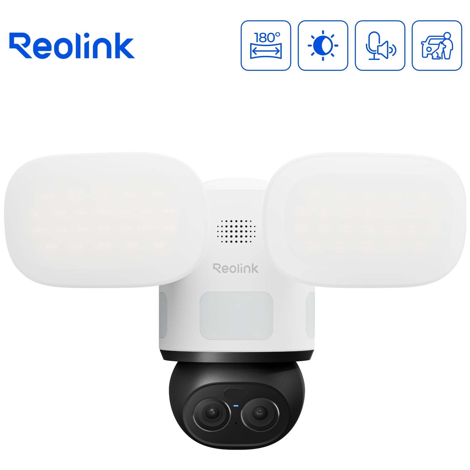 Caméra Reolink avec double éclairage LED blanc, vision nocturne et icônes de détection de mouvement.