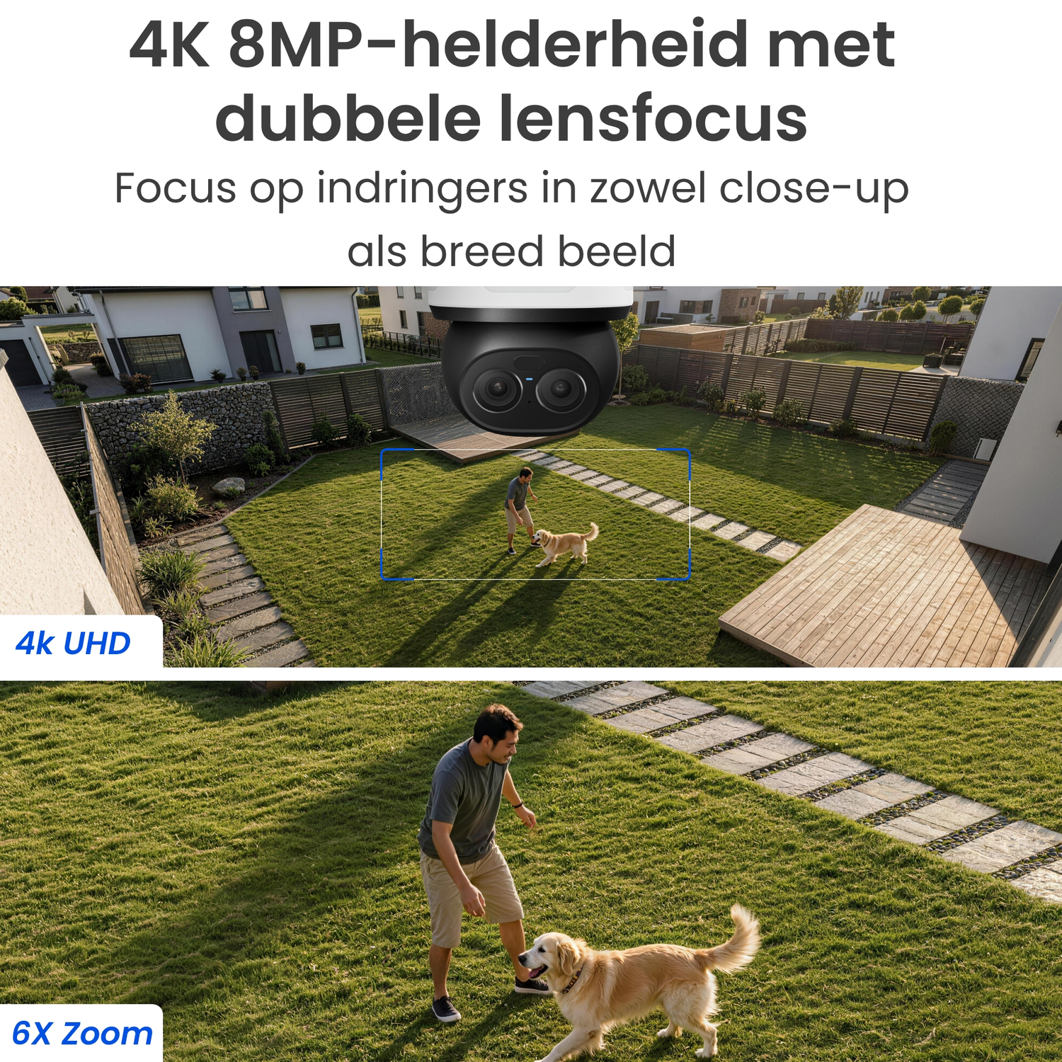 Een man en hond spelen in tuin, getoond met 4K UHD en 6x zoom.
