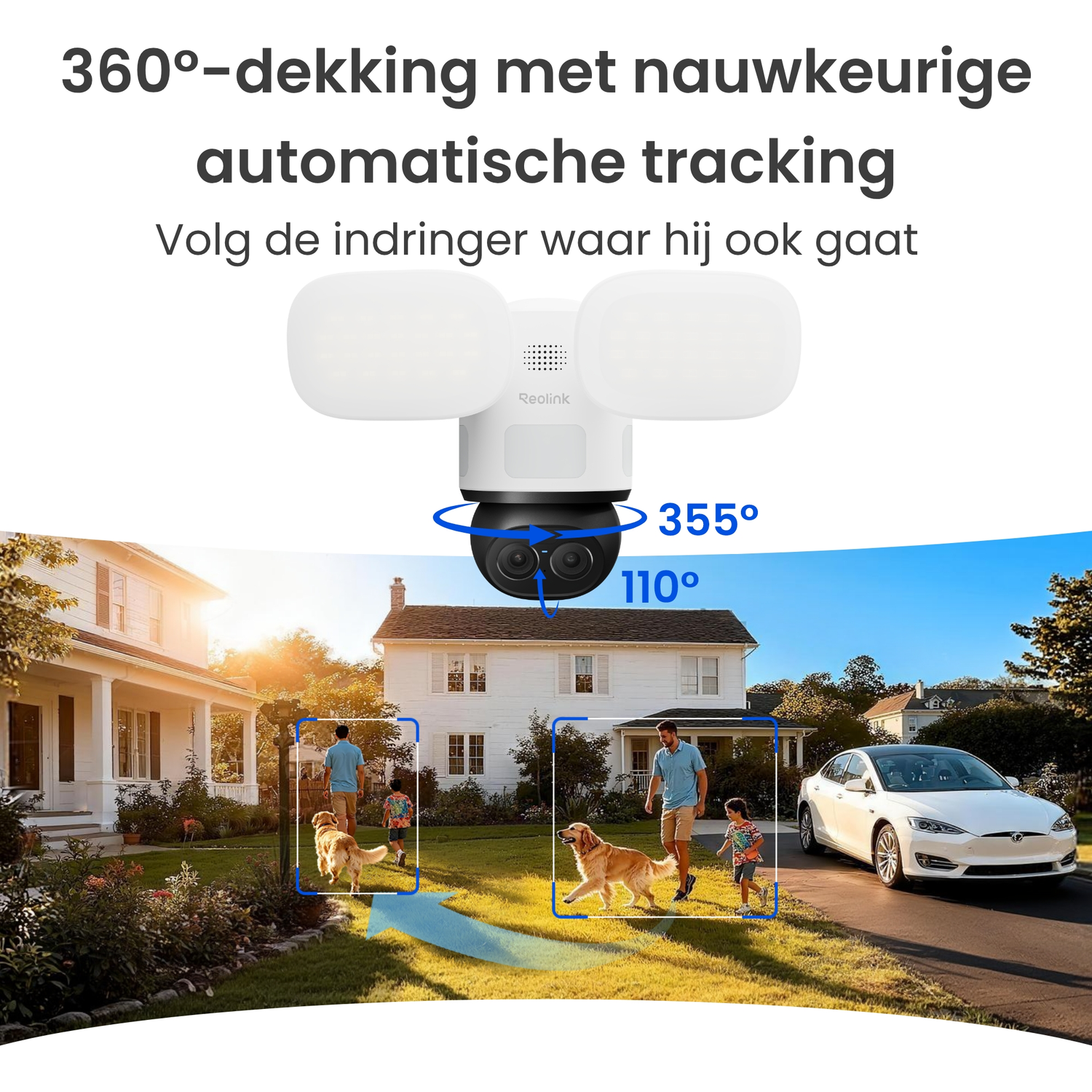 Een beveiligingscamera met 360° dekking volgt personen en honden op een gazon voor huizen.