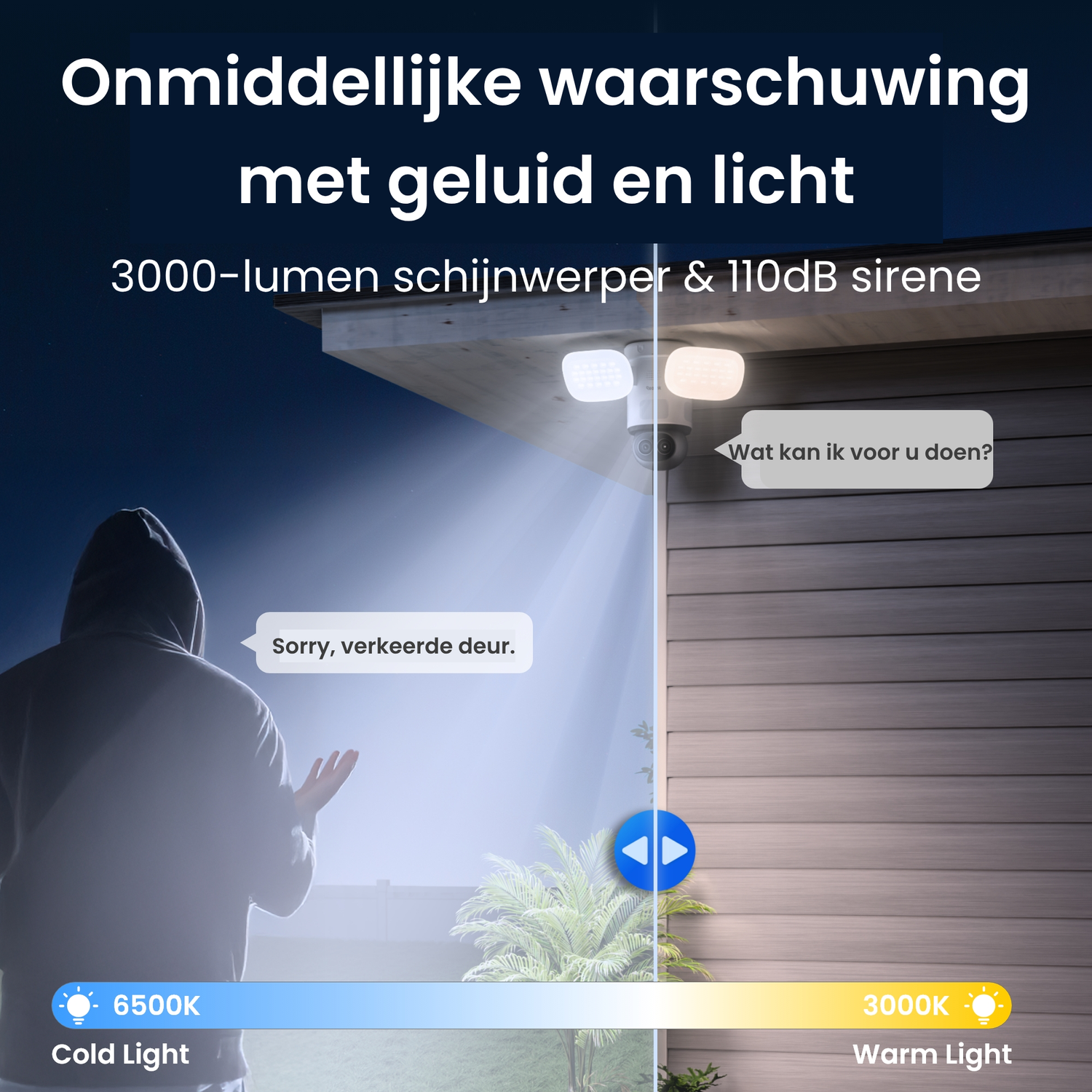Een persoon in een hoodie wordt verlicht door een felle schijnwerper. De schijnwerper heeft twee lampen en een camera.