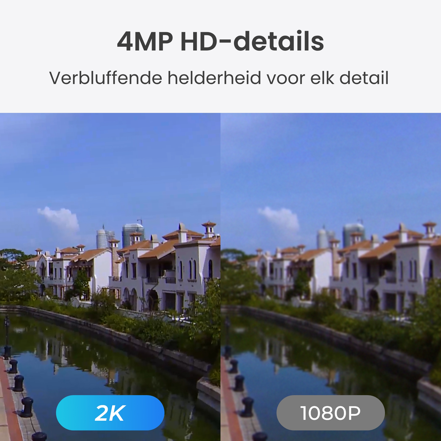 Vergelijking van 2K en 1080P resolutie met huizen en kanaal.
