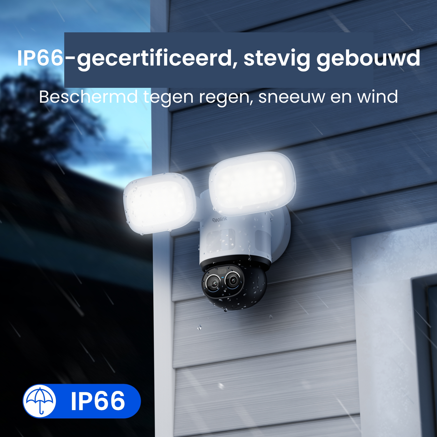 IP66 gecertificeerde beveiligingscamera met lampen in de regen.