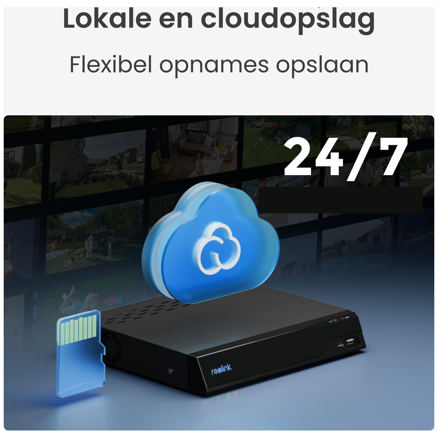 Een NVR-apparaat met SD-kaart en cloud-icoon voor meerdere schermen.