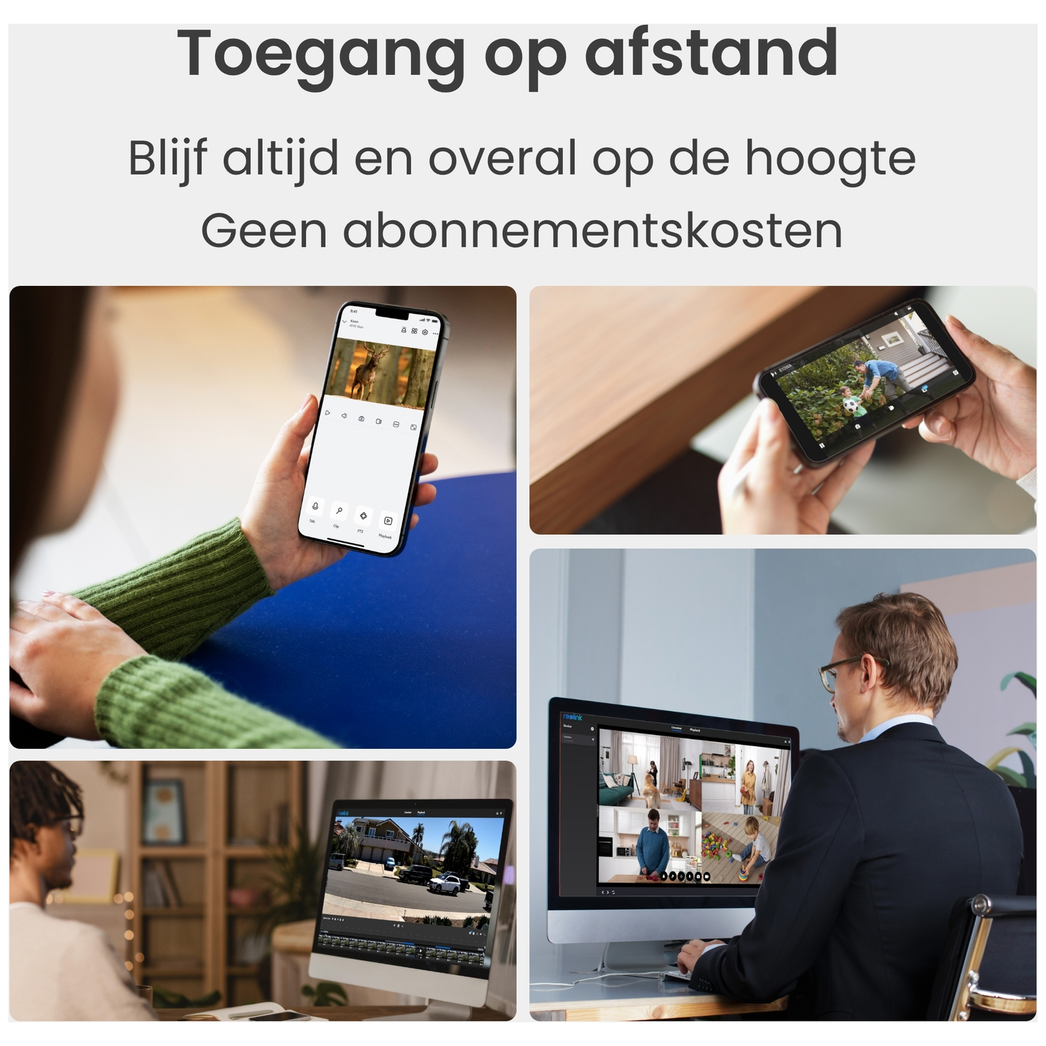 Meerdere schermen tonen bewakingsbeelden op verschillende apparaten.