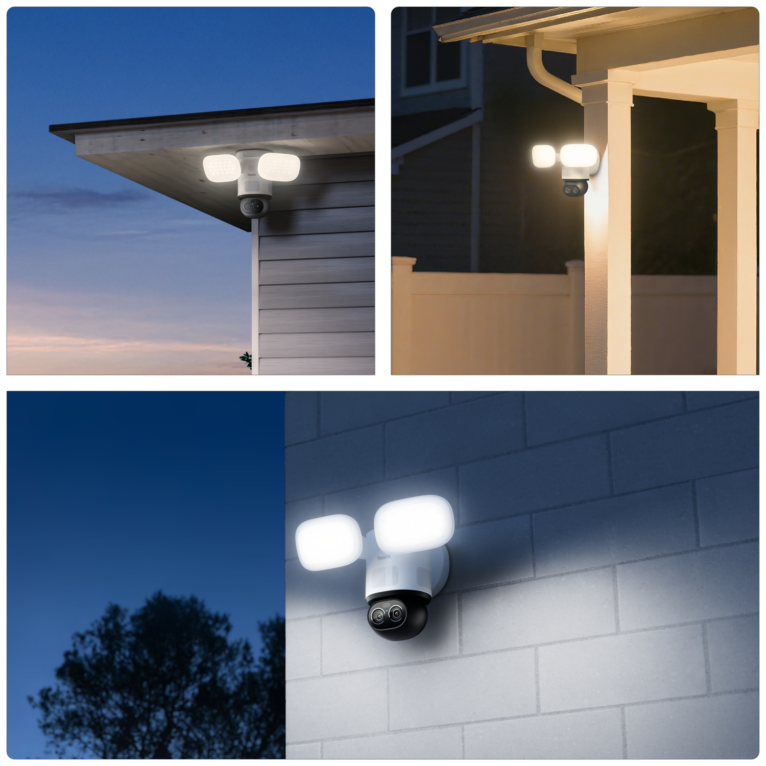Een witte schijnwerpercamera met twee lampen is gemonteerd op een buitenmuur van een huis.