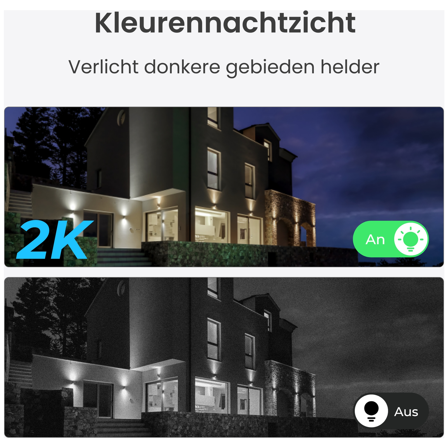 Twee weergaven van een huis 's nachts: kleur boven, zwart-wit onder. 2K.
