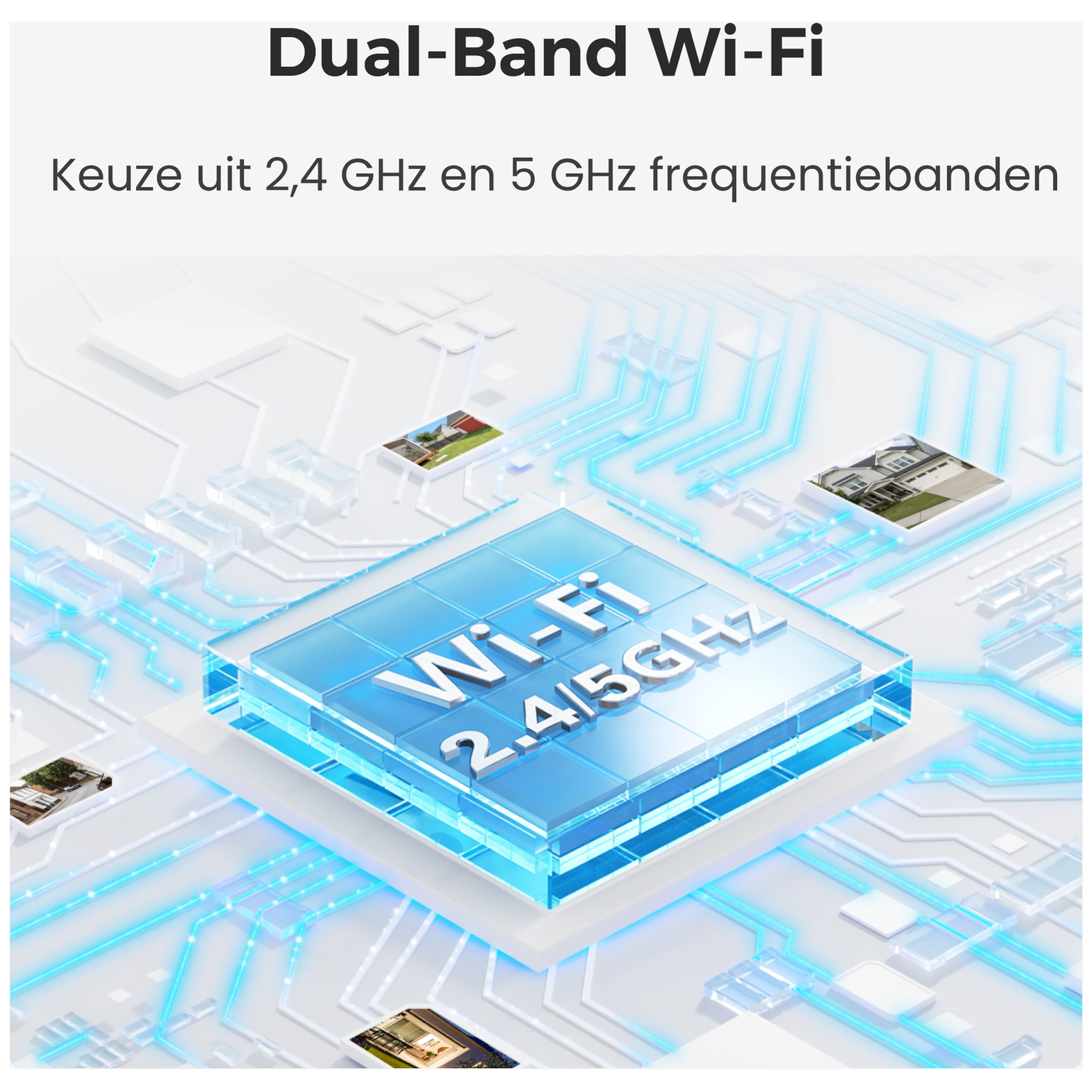 Abstract digitaal ontwerp met "Wi-Fi 2.4/5GHz" symbool en huizen.