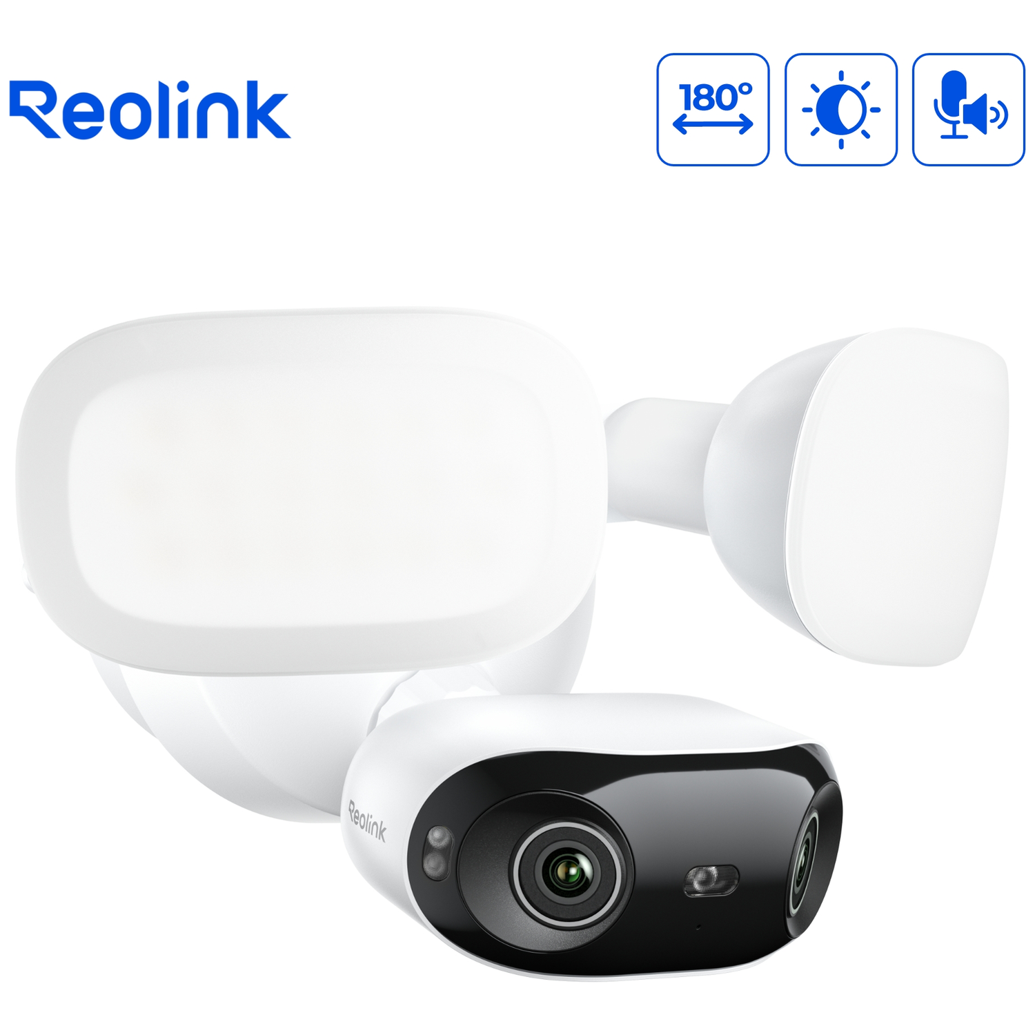 Caméra de sécurité blanche avec deux lumières et le logo Reolink.
