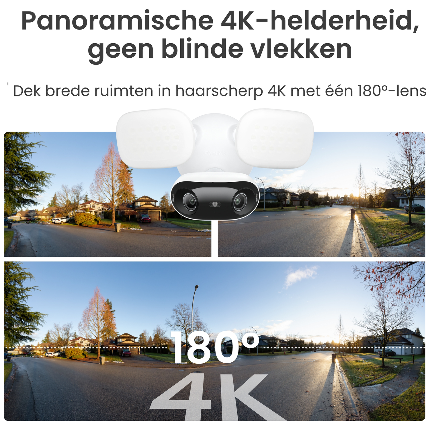 Een 4K beveiligingslamp met 180-graden lens verlicht een woonstraat.