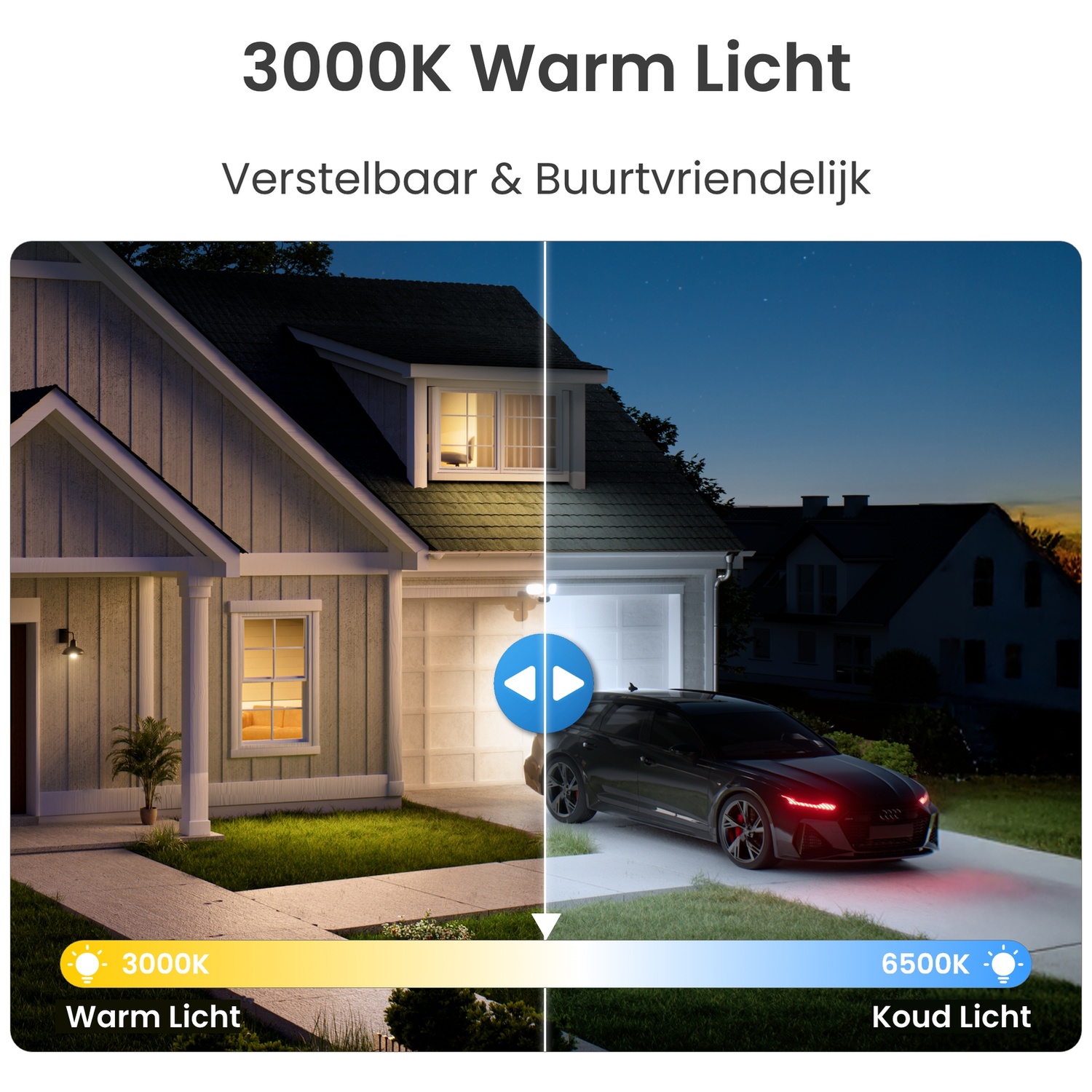 Huis met warm en koel licht, vergelijking van 3000K en 6500K.