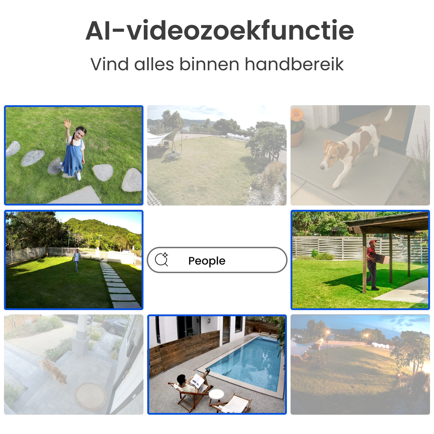 Een meisje zwaait op een gazon. Een man loopt in een tuin. Een hond rent naar huis. Een bezorger brengt een pakket.