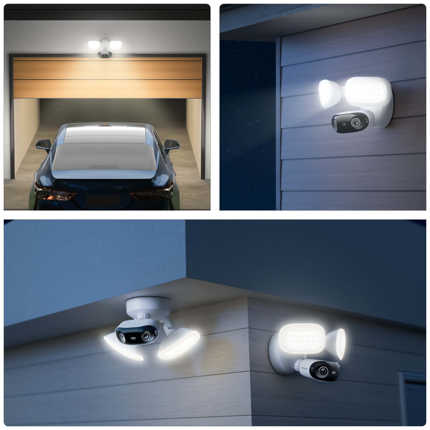 Een wit beveiligingslicht met camera verlicht een garage, huisgevel en buitenhoek.