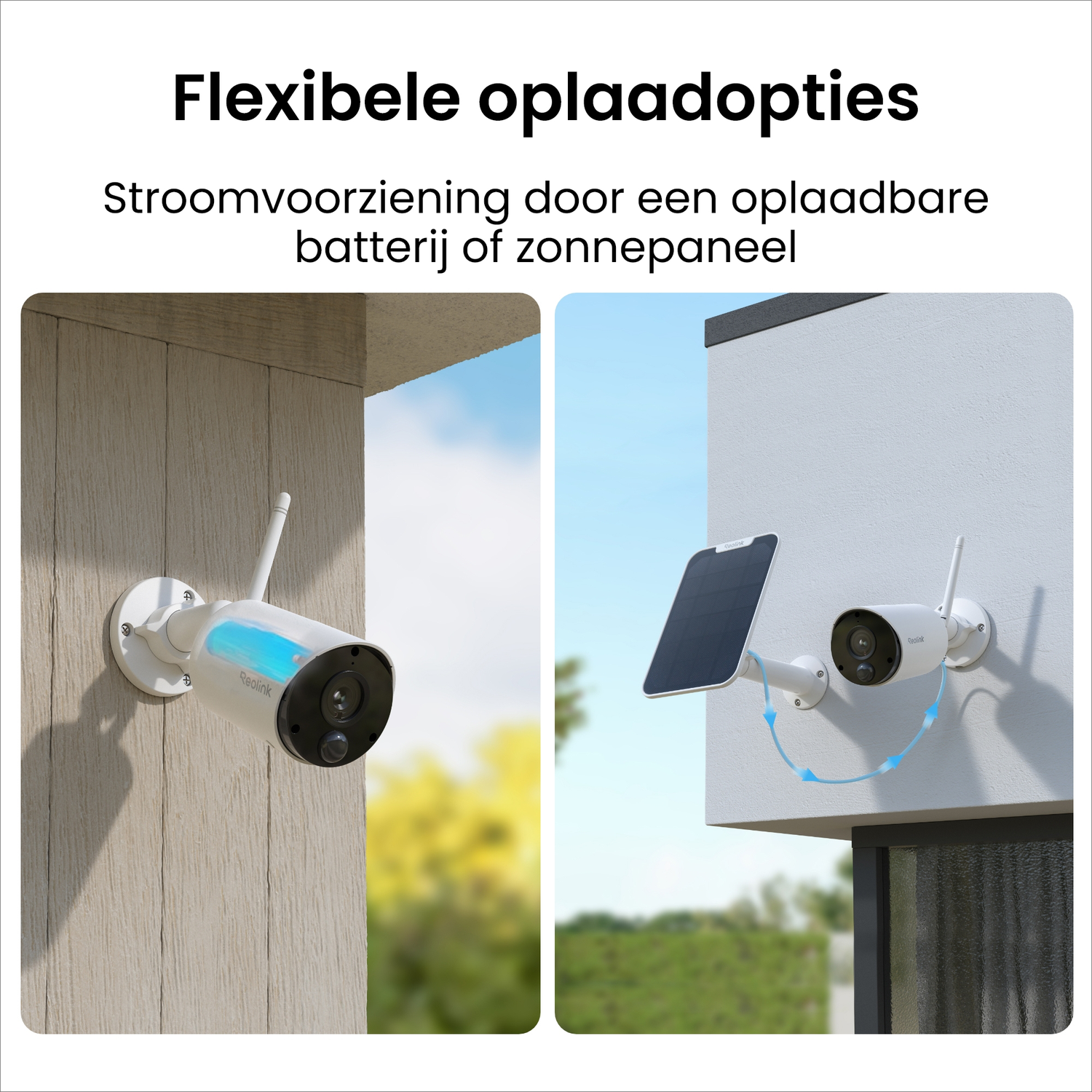 White security cameras with antennas. One has blue light, one connects to a solar panel.