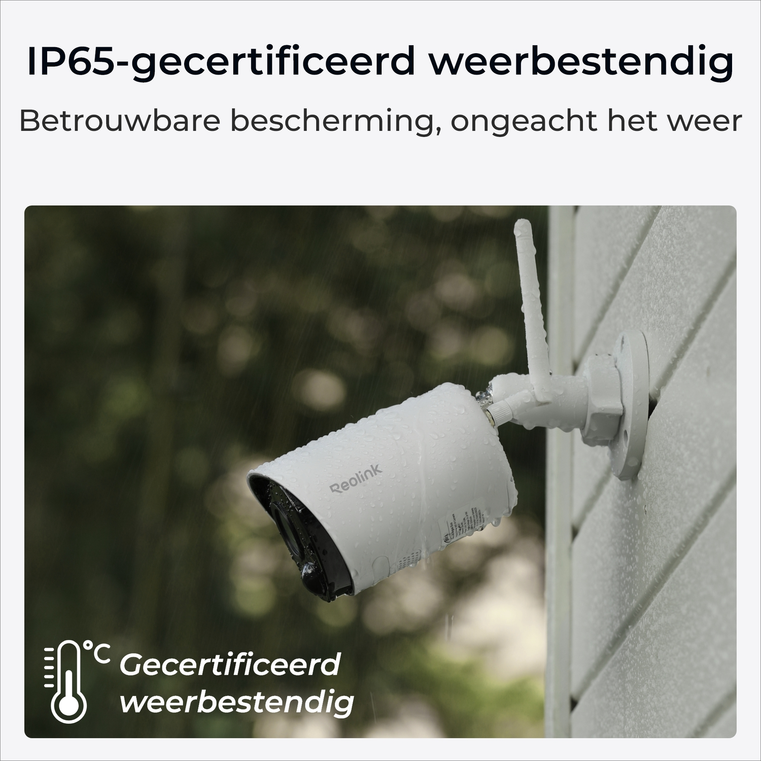 A white Reolink camera is mounted on a house wall in the rain.