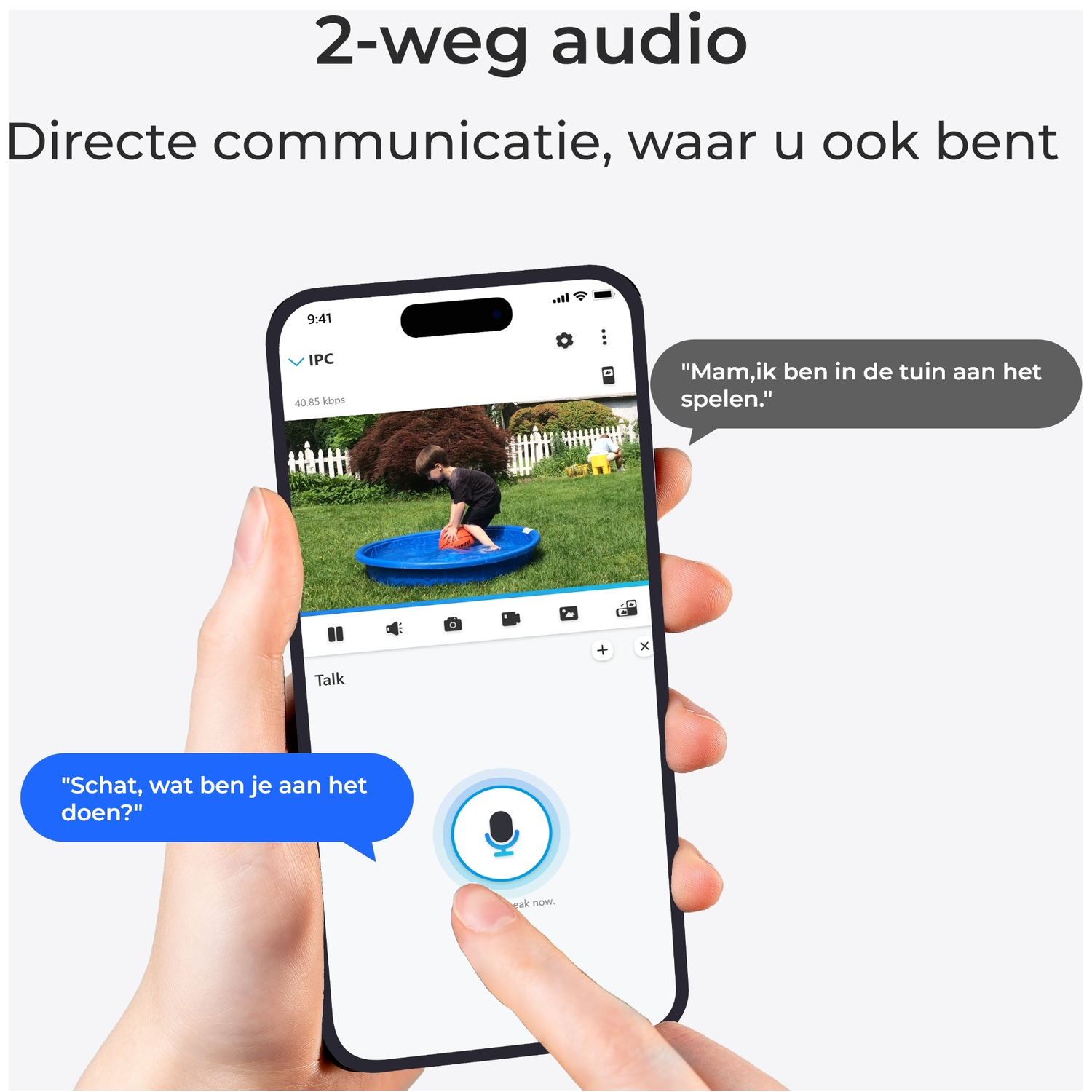 A phone shows a garden view with a boy. Two speech bubbles show communication.