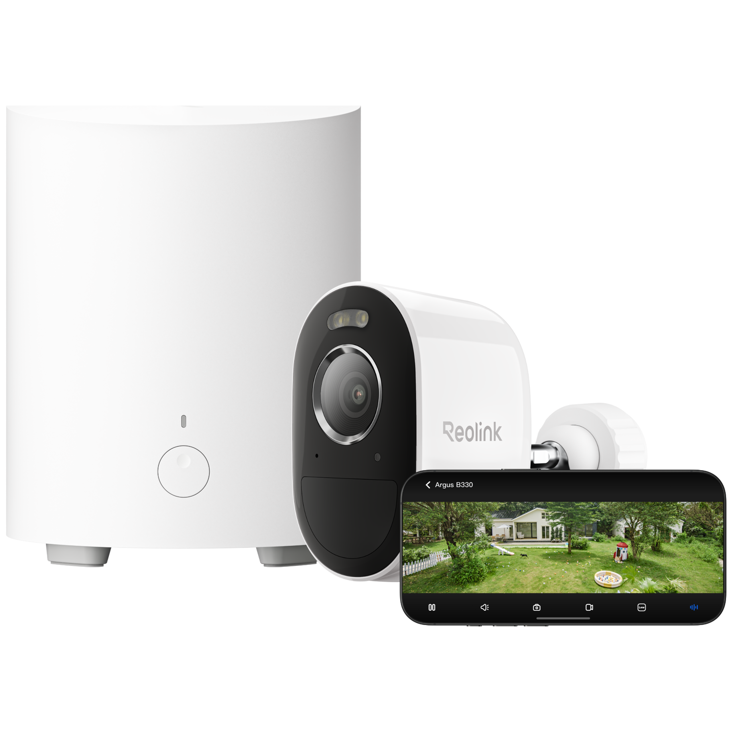 Caméra Reolink blanche, base et téléphone montrant une scène de jardin.