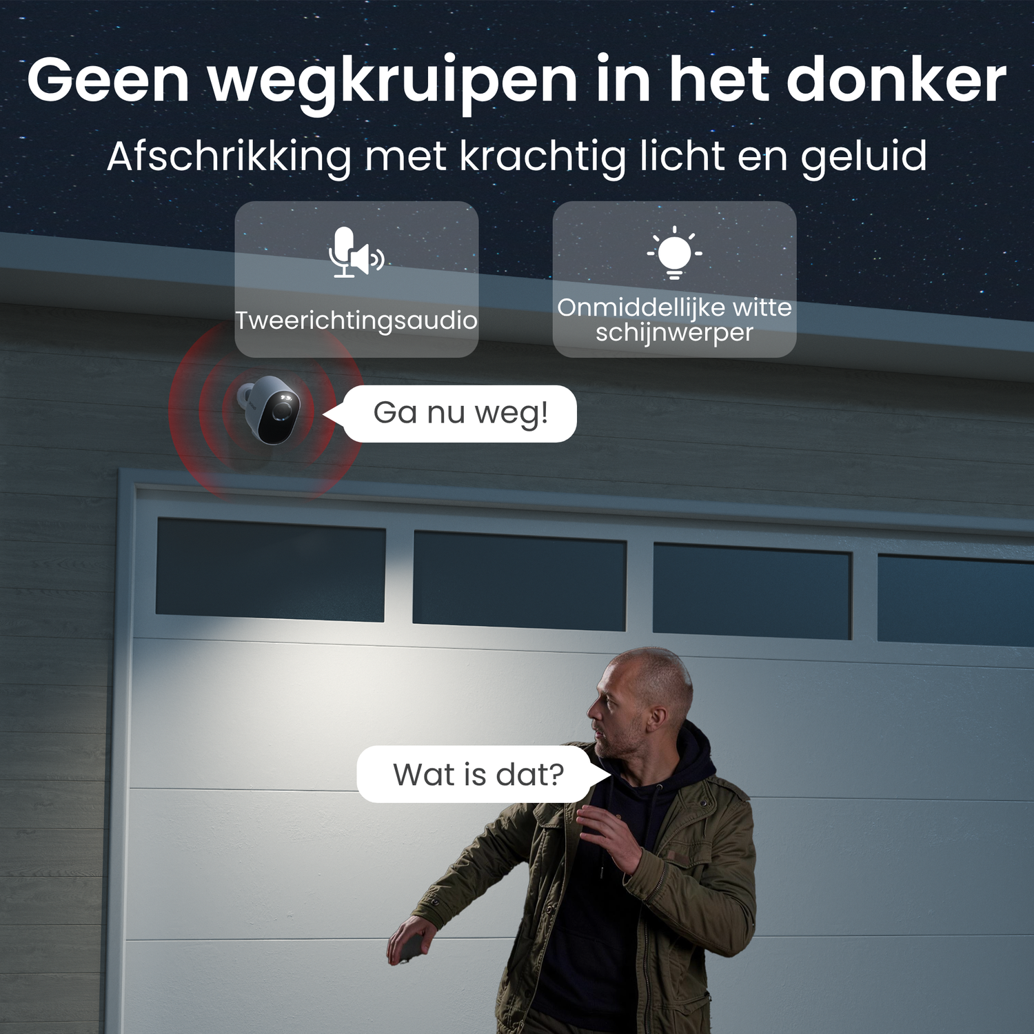Un homme devant une porte de garage, une caméra avec des anneaux rouges et des bulles.