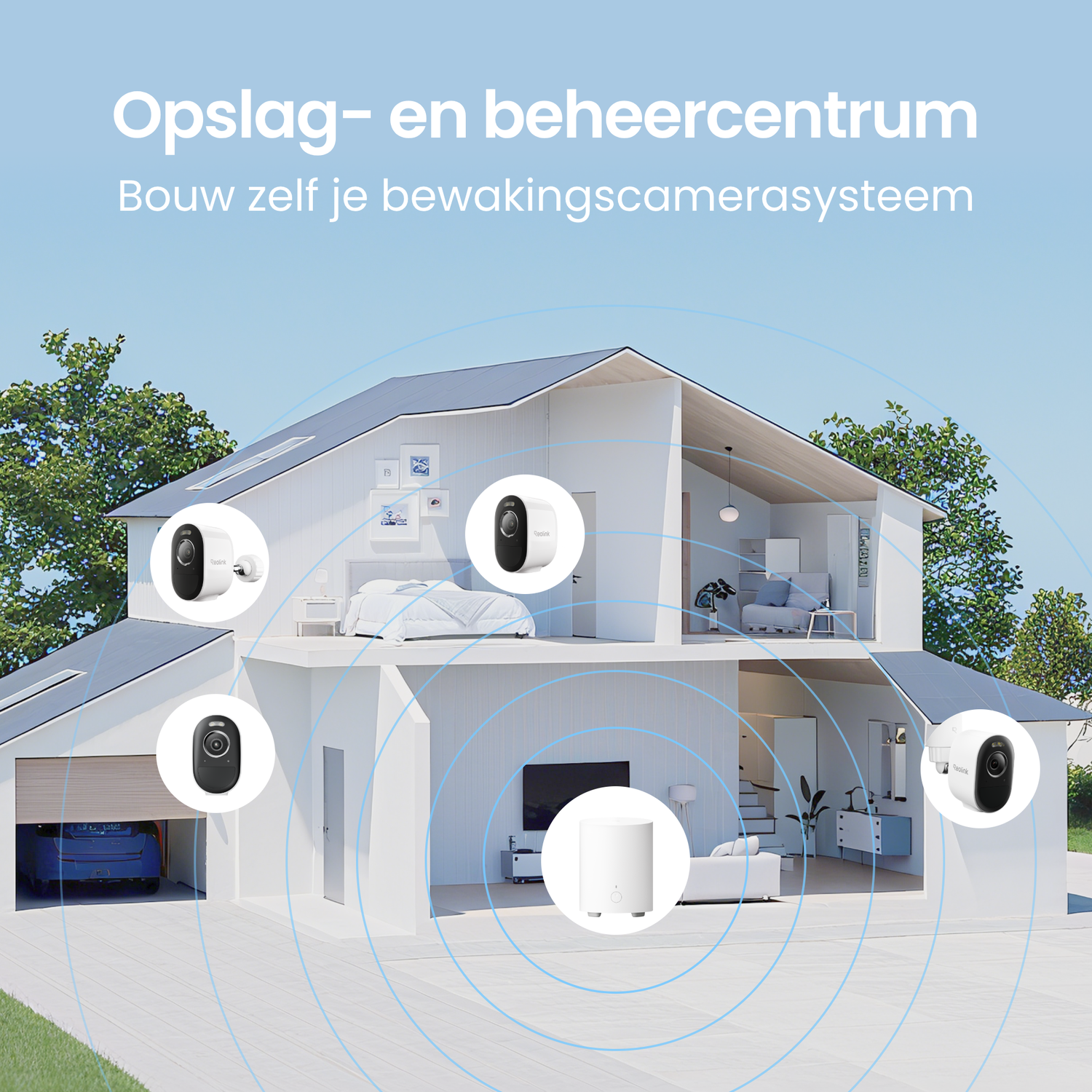 Coupe transversale d'une maison avec caméras de sécurité et un hub.