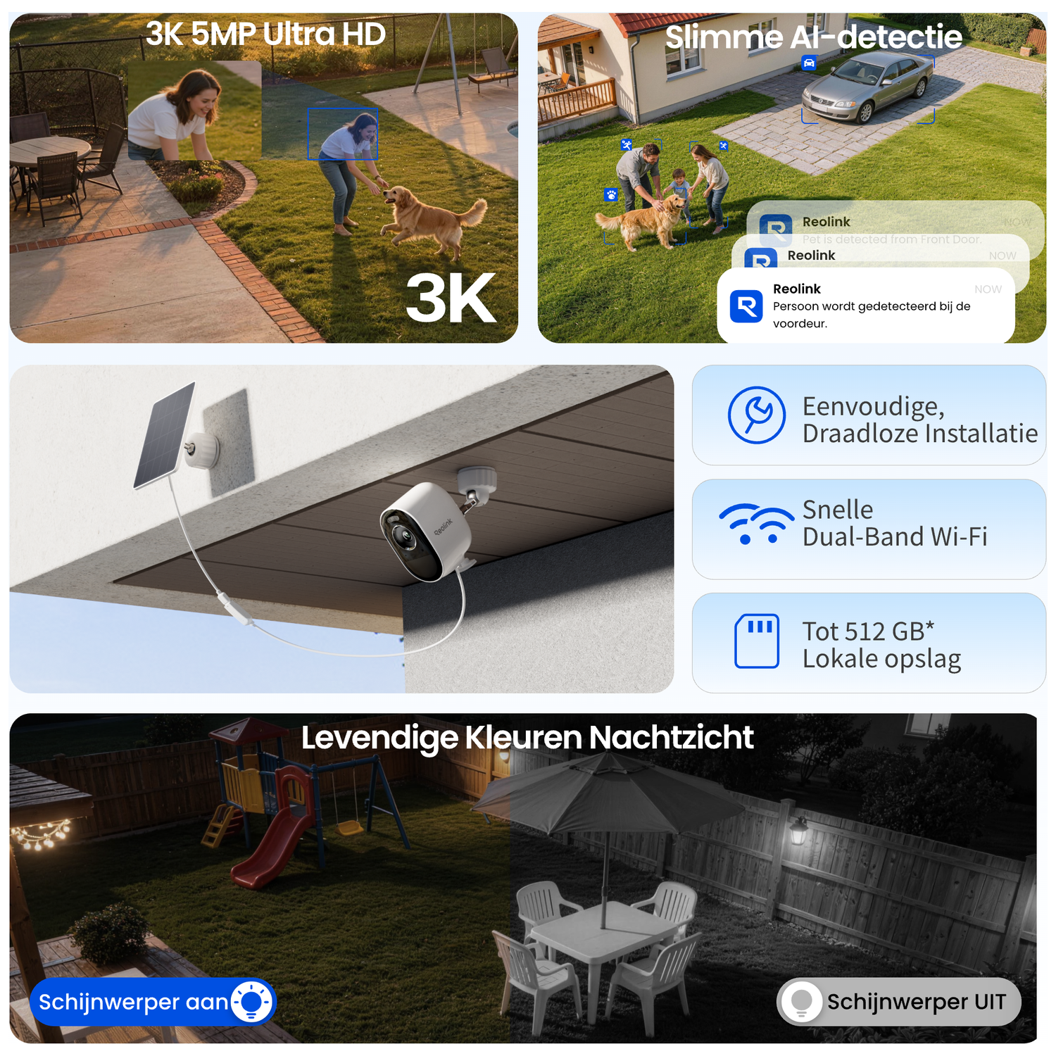 Caméra 3K avec détection IA, installation facile, Wi-Fi et stockage 512 Go.