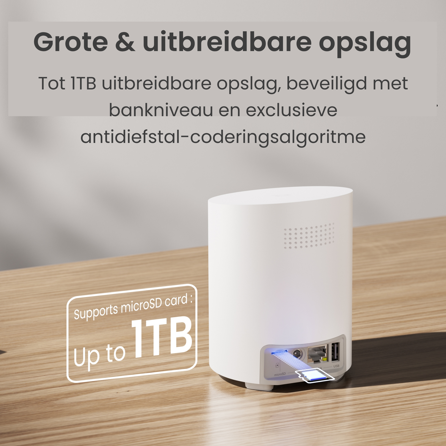 Appareil blanc avec ports et texte sur le stockage extensible jusqu'à 1 To.