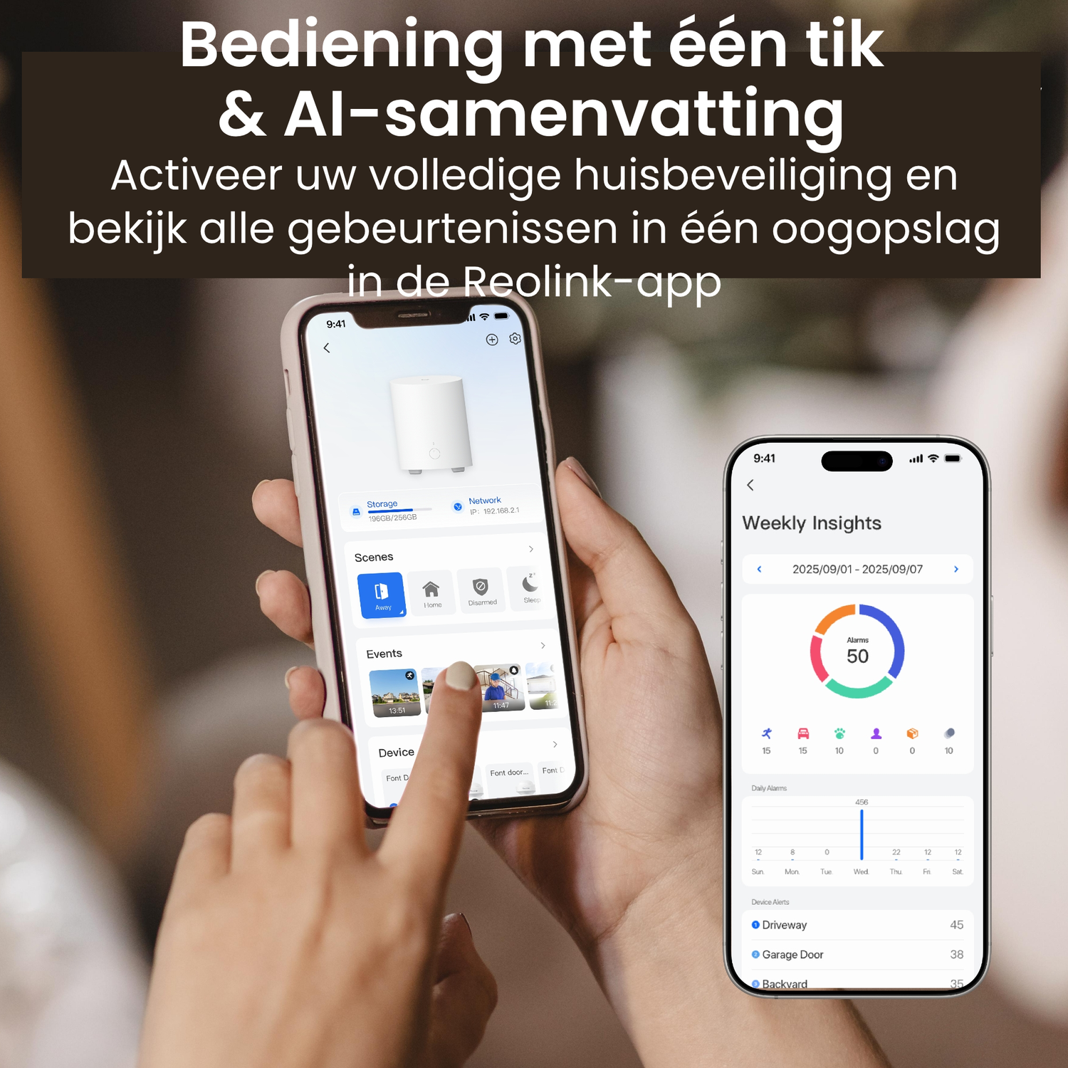 Des mains tiennent deux smartphones affichant des captures d'écran d'application de sécurité.