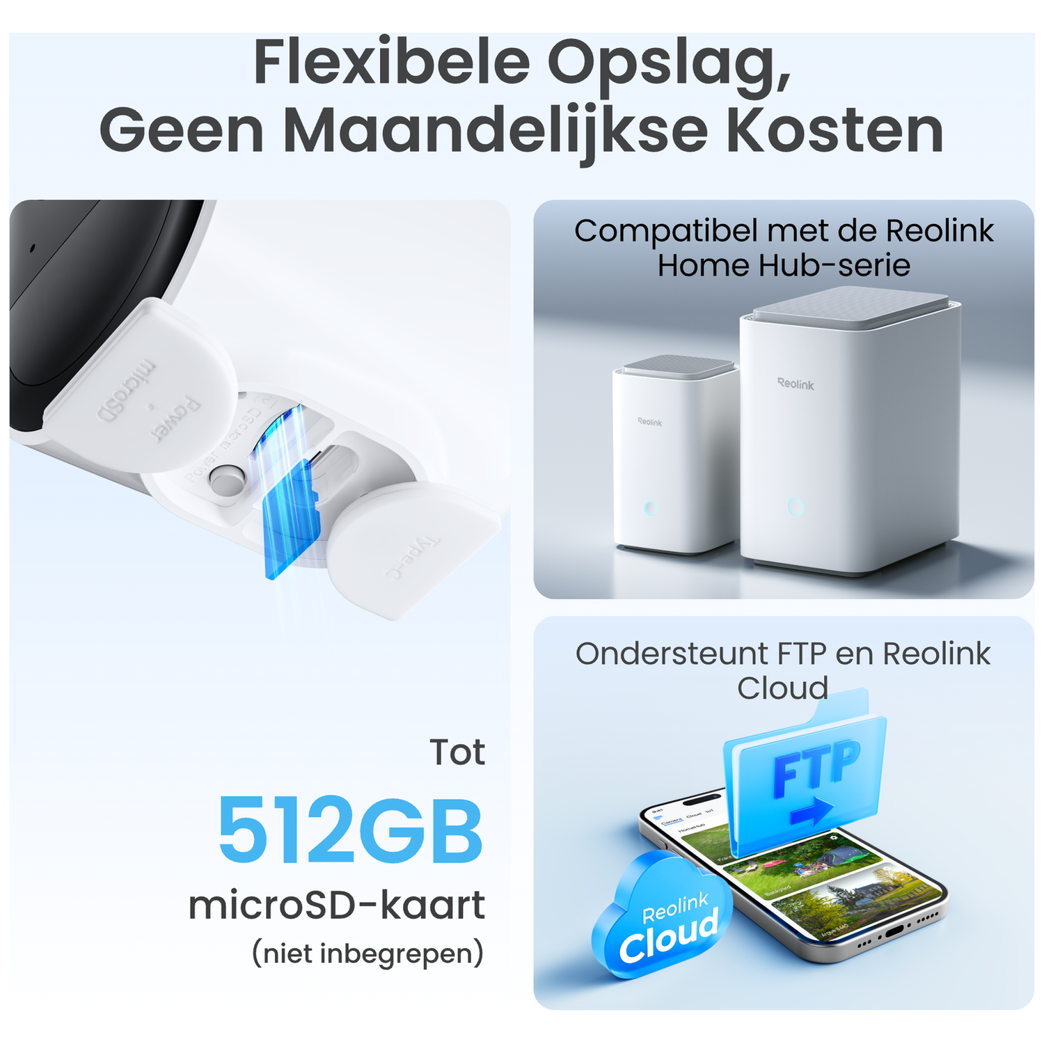 Stockage flexible, sans frais mensuels. Fente MicroSD, Type-C, 512 Go.