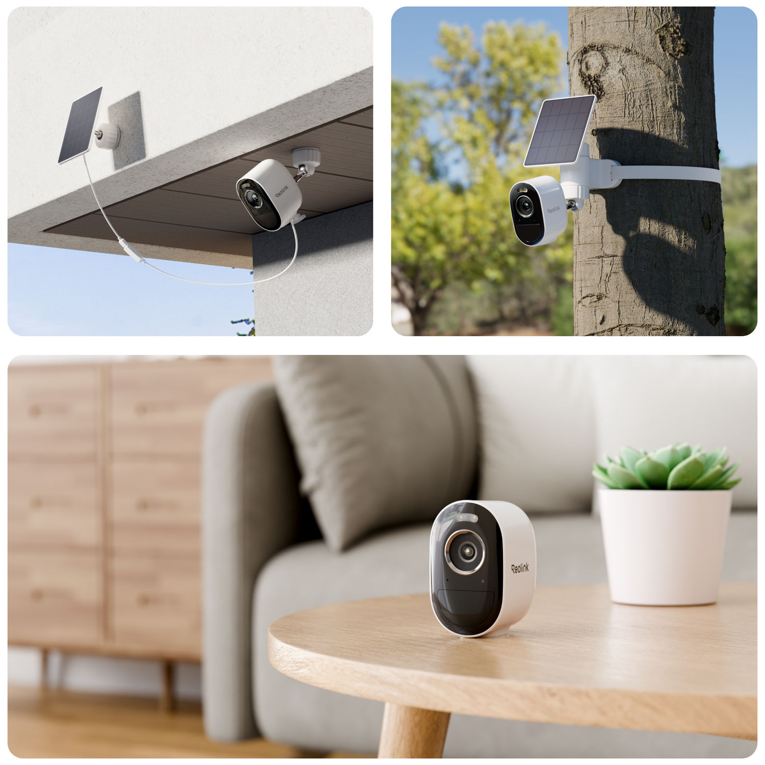 Caméras blanches avec panneaux solaires sur mur, arbre et table.