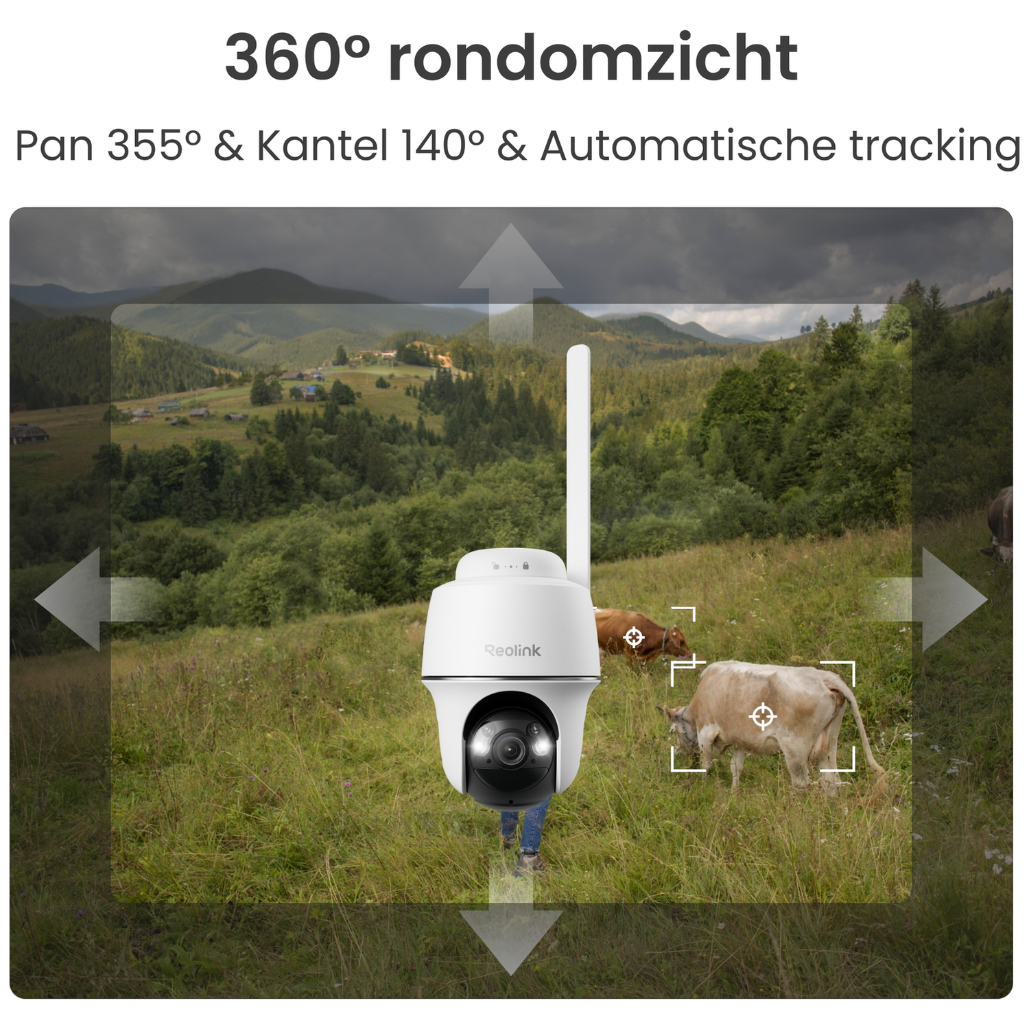 A white camera surveys a wide landscape with cows.