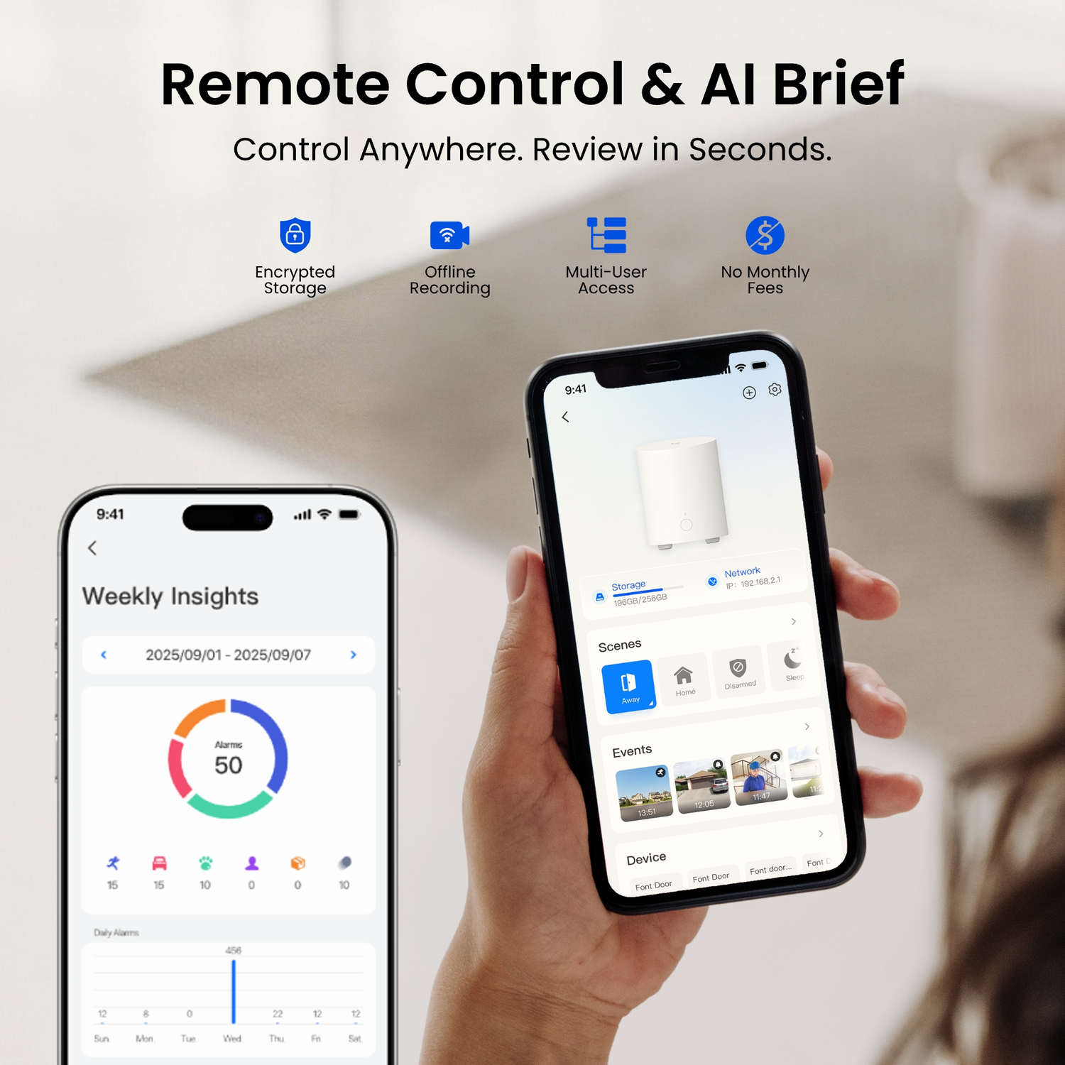 Deux smartphones affichent une application de contrôle à distance et de résumé IA. L'un montre des aperçus hebdomadaires, l'autre le contrôle des appareils.