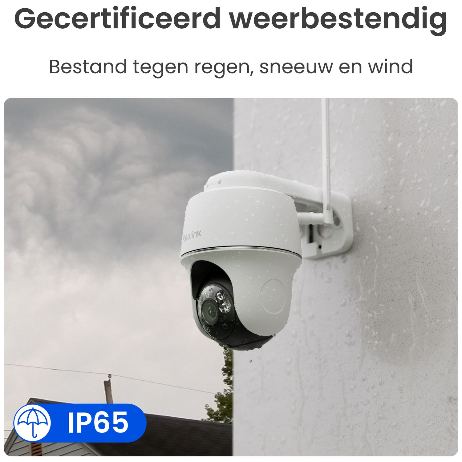 White IP65-rated security camera mounted on a wall during rain.
