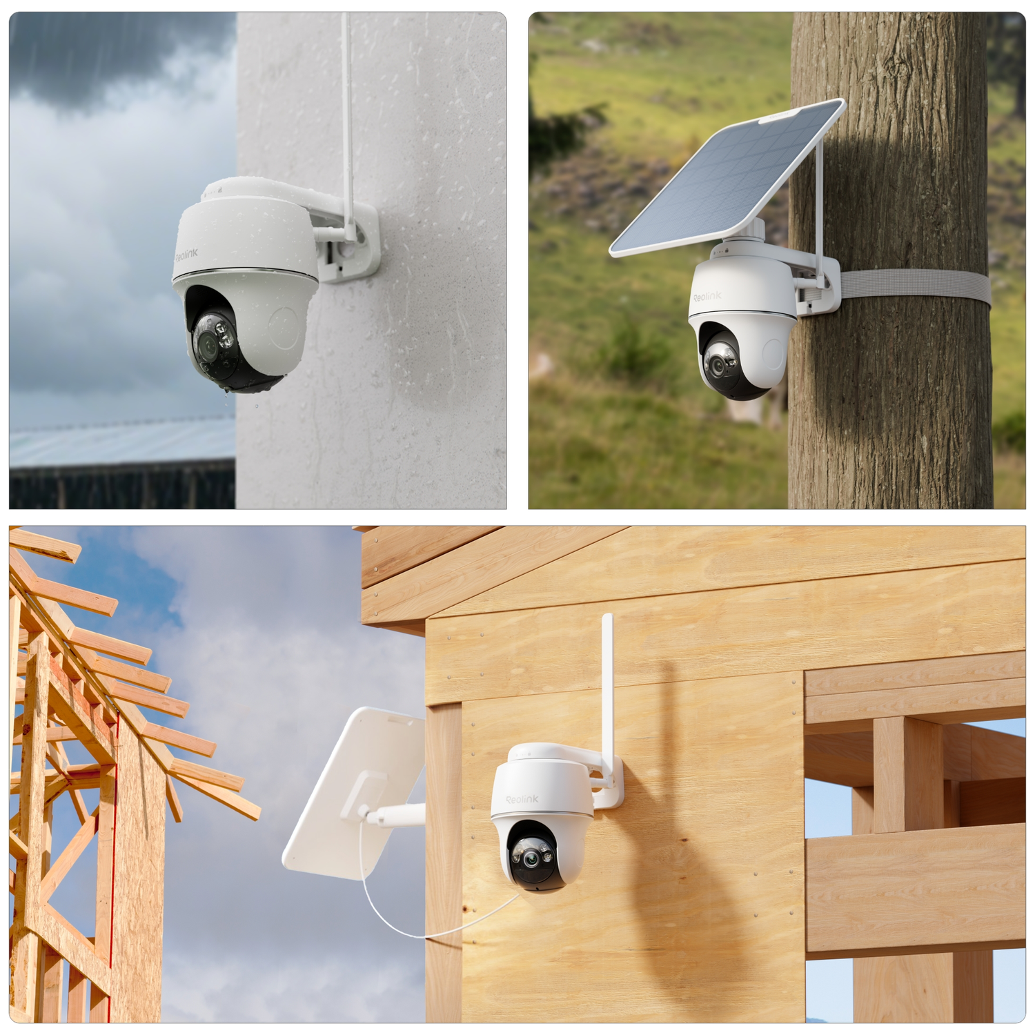 White security camera with solar panel on wooden pole and wall.